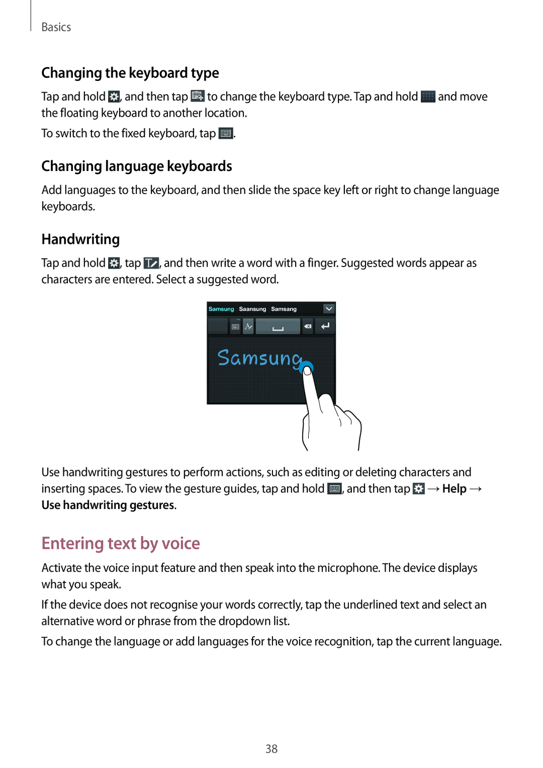 Samsung GT-I9205ZWANEE manual Entering text by voice, Changing the keyboard type, Changing language keyboards, Handwriting 