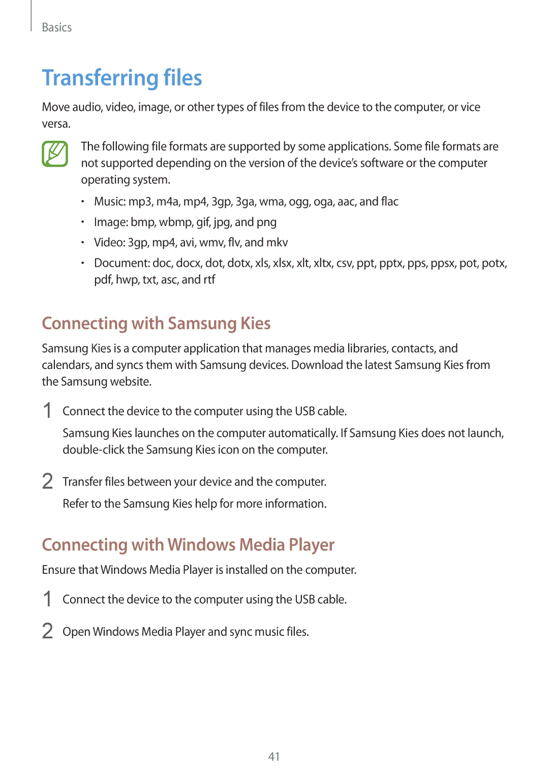 Samsung GT-I9205ZKASEB manual Transferring files, Connecting with Samsung Kies, Connecting with Windows Media Player 