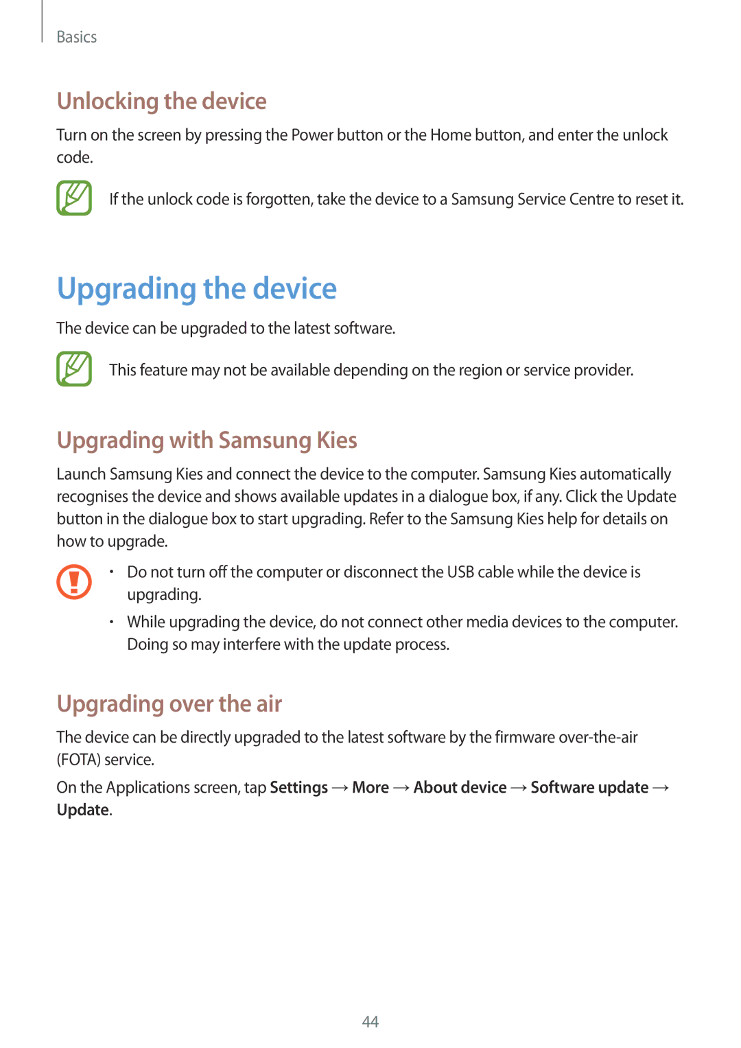 Samsung GT-I9205ZWAXEH Upgrading the device, Unlocking the device, Upgrading with Samsung Kies, Upgrading over the air 