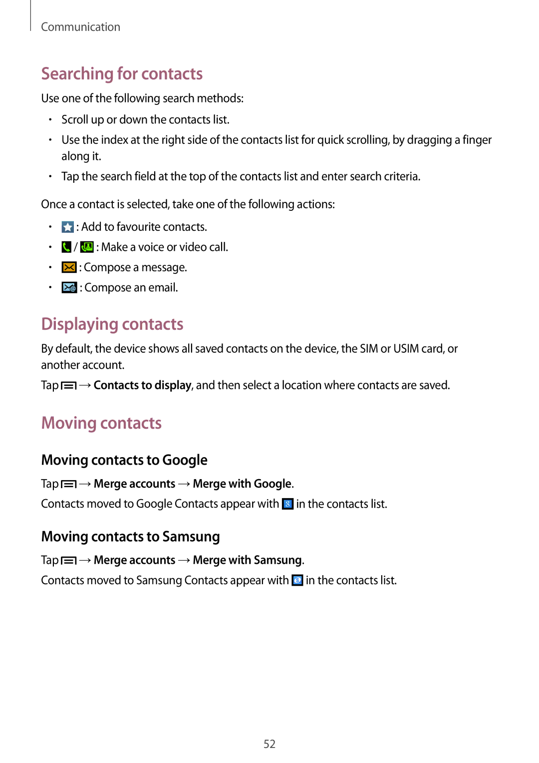 Samsung GT-I9205ZWADBT, GT-I9205ZKATPH manual Searching for contacts, Displaying contacts, Moving contacts to Google 