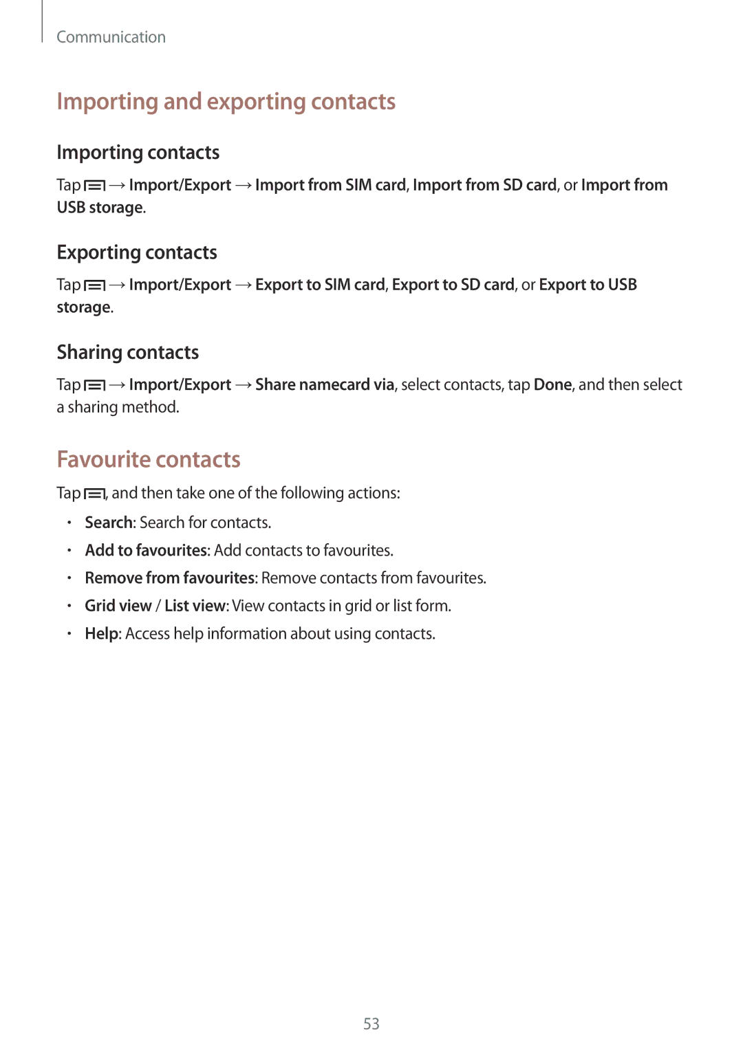 Samsung GT-I9205PPAFTM manual Importing and exporting contacts, Favourite contacts, Importing contacts, Exporting contacts 
