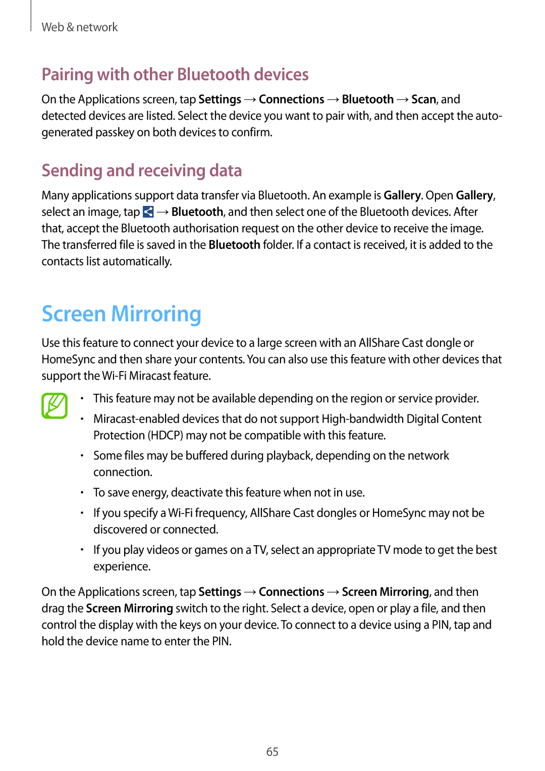 Samsung GT-I9205ZWAYOG, GT-I9205ZKATPH Screen Mirroring, Pairing with other Bluetooth devices, Sending and receiving data 