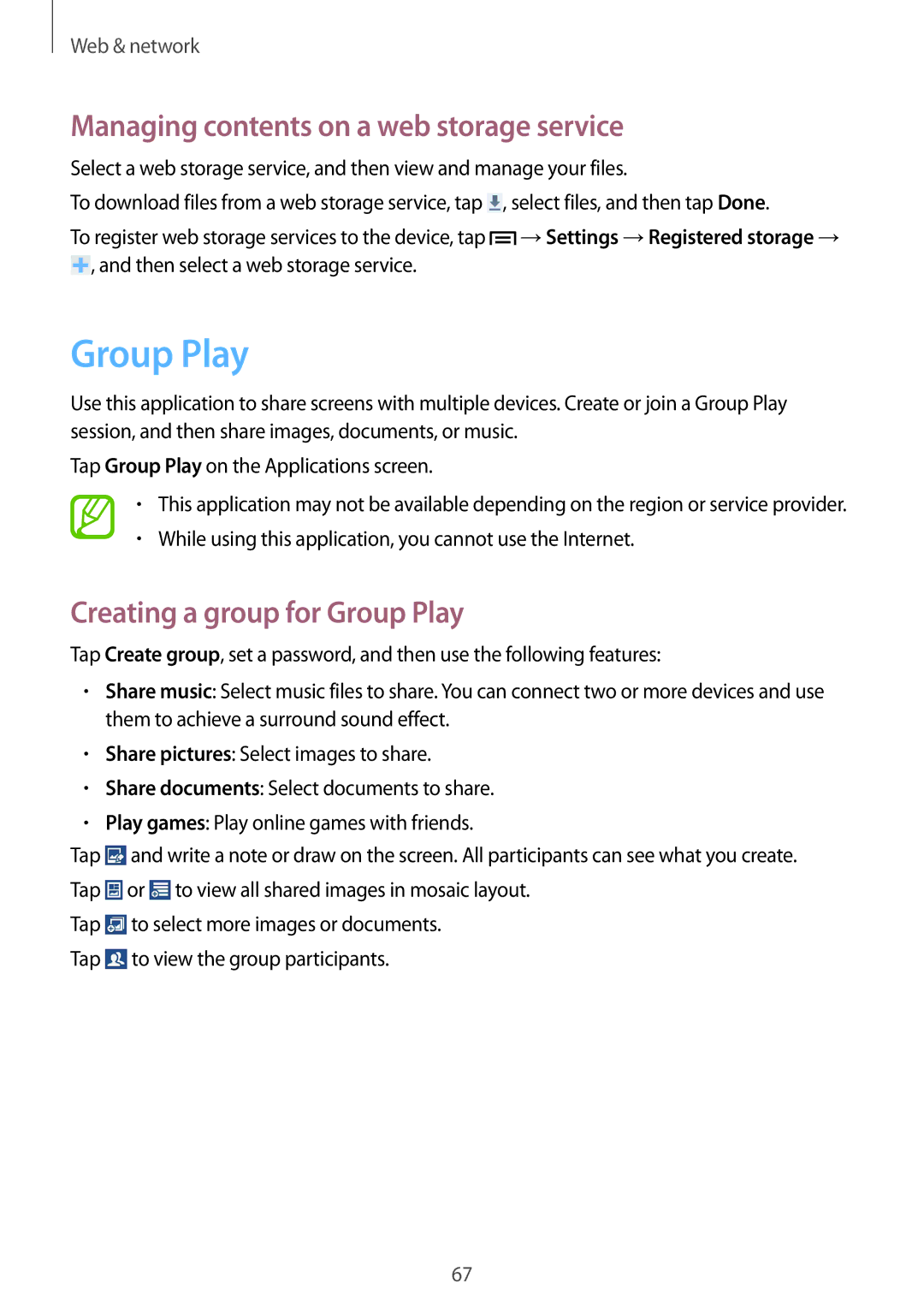 Samsung GT-I9205ZKAAMN, GT-I9205ZKATPH Managing contents on a web storage service, Creating a group for Group Play 