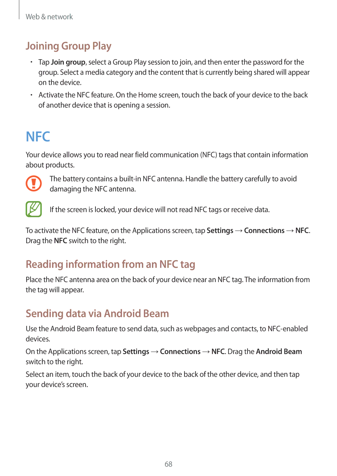 Samsung GT-I9205ZKAXEC manual Joining Group Play, Reading information from an NFC tag, Sending data via Android Beam 