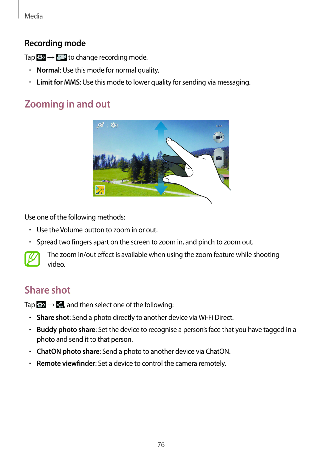 Samsung GT-I9205ZKATRA, GT-I9205ZKATPH, GT-I9205ZKAEPL, GT-I9205ZKAVD2 manual Zooming in and out, Share shot, Recording mode 