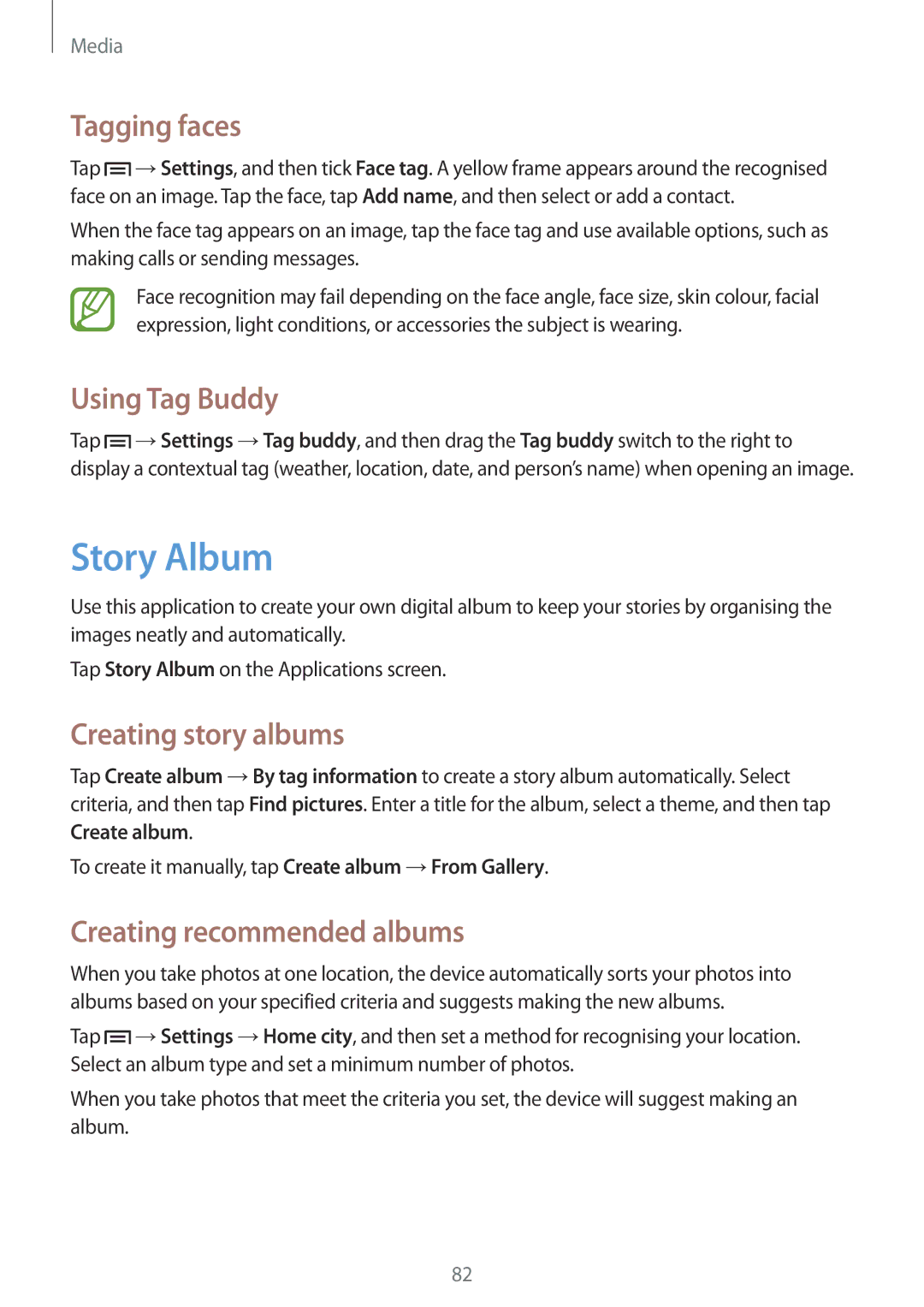 Samsung GT-I9205ZKADRE Story Album, Tagging faces, Using Tag Buddy, Creating story albums, Creating recommended albums 