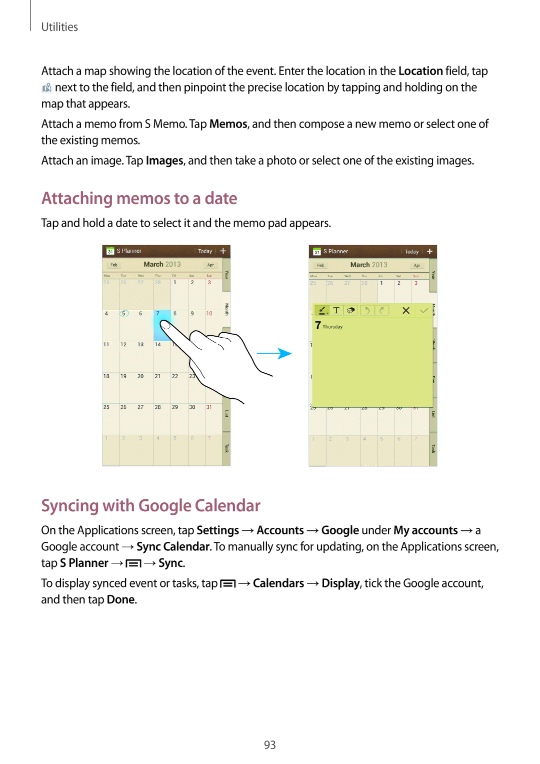 Samsung GT-I9205ZKATMH, GT-I9205ZKATPH, GT-I9205ZKAEPL manual Attaching memos to a date, Syncing with Google Calendar 