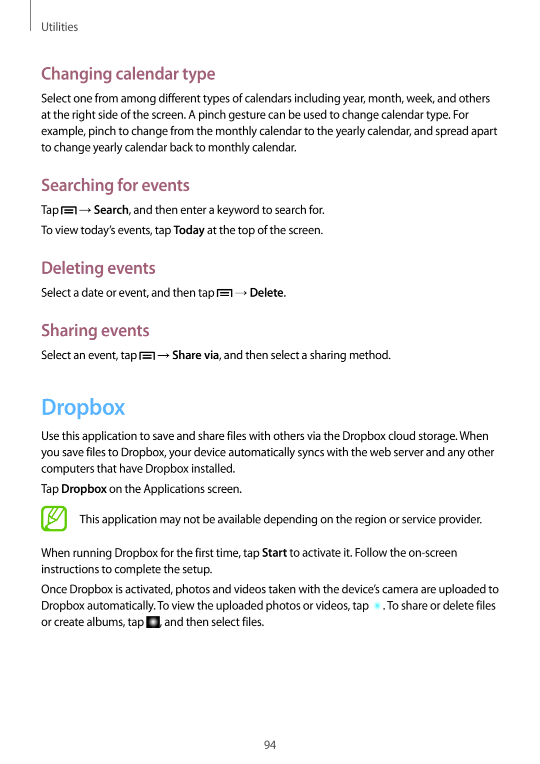 Samsung GT-I9205ZKATPH manual Dropbox, Changing calendar type, Searching for events, Deleting events, Sharing events 
