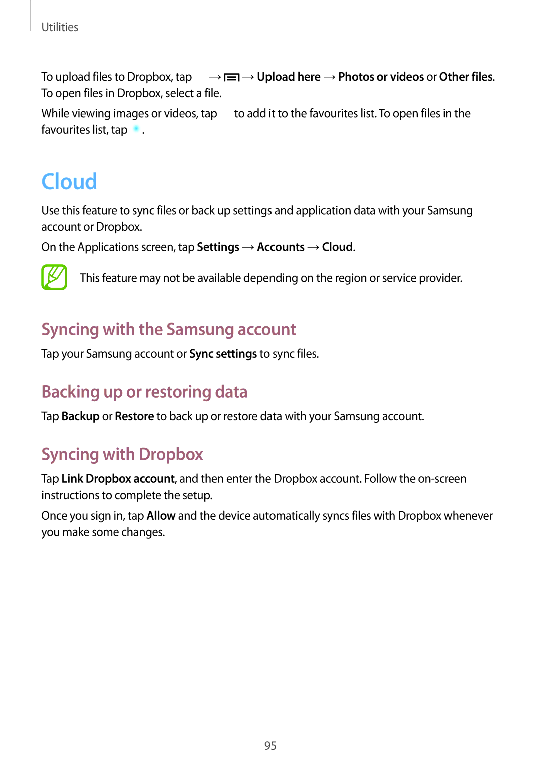 Samsung GT-I9205ZKAEPL manual Cloud, Syncing with the Samsung account, Backing up or restoring data, Syncing with Dropbox 