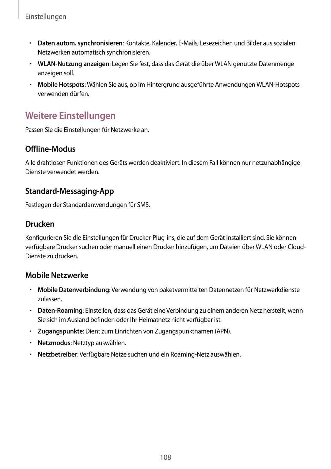 Samsung GT-I9205ZKADTM manual Weitere Einstellungen, Offline-Modus, Standard-Messaging-App, Drucken, Mobile Netzwerke 