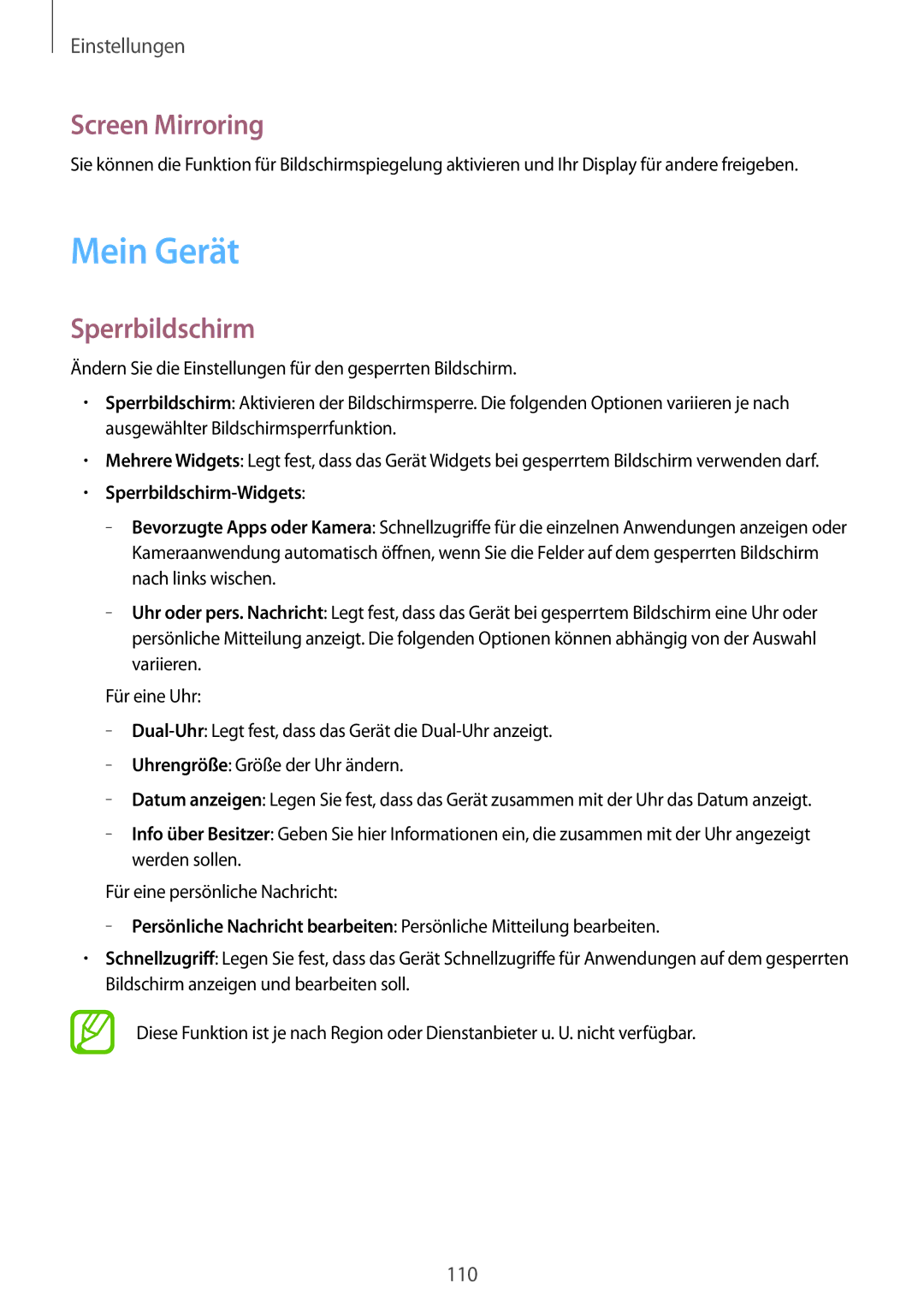 Samsung GT-I9205ZWADBT, GT-I9205ZKATPH, GT-I9205ZKAEPL manual Mein Gerät, Screen Mirroring, Sperrbildschirm-Widgets 