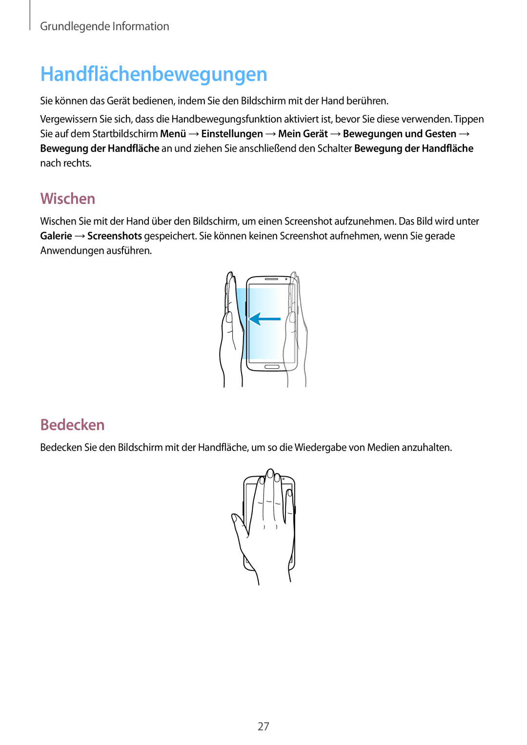 Samsung GT-I9205ZKASFR, GT-I9205ZKATPH, GT-I9205ZKAEPL, GT-I9205ZKAVD2 manual Handflächenbewegungen, Wischen, Bedecken 