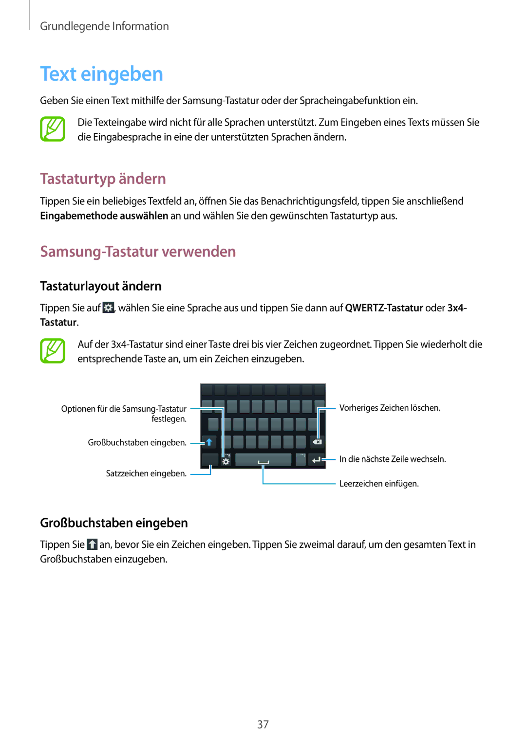 Samsung GT-I9205ZKAVD2 manual Text eingeben, Tastaturtyp ändern, Samsung-Tastatur verwenden, Tastaturlayout ändern 