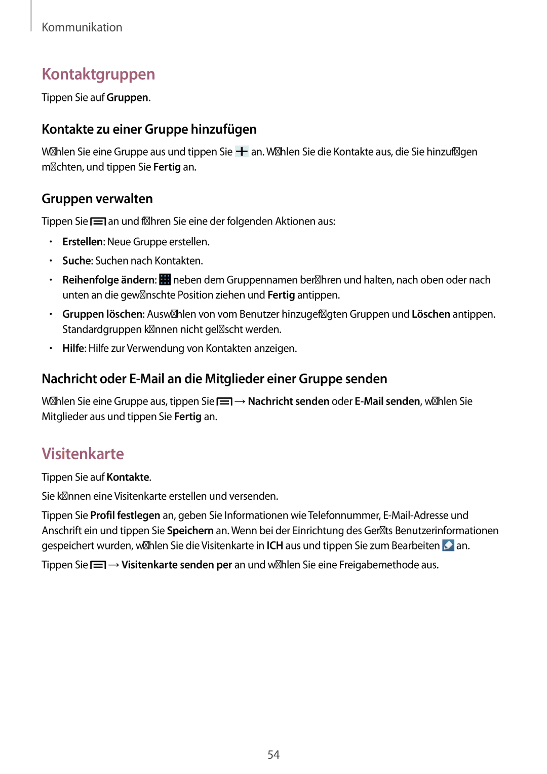 Samsung GT-I9205ZWADBT manual Kontaktgruppen, Visitenkarte, Kontakte zu einer Gruppe hinzufügen, Gruppen verwalten 