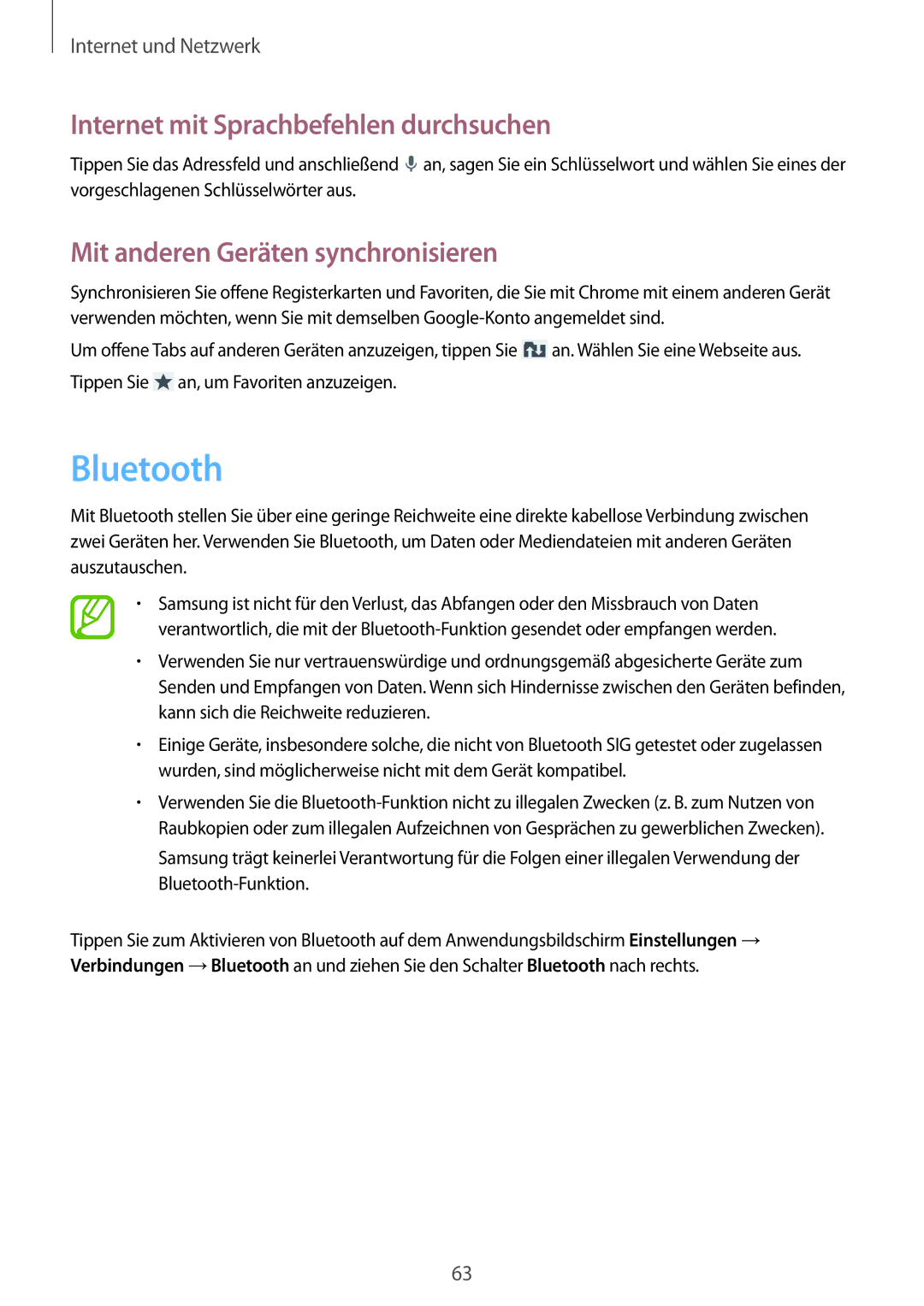 Samsung GT-I9205ZKATPH manual Bluetooth, Internet mit Sprachbefehlen durchsuchen, Mit anderen Geräten synchronisieren 