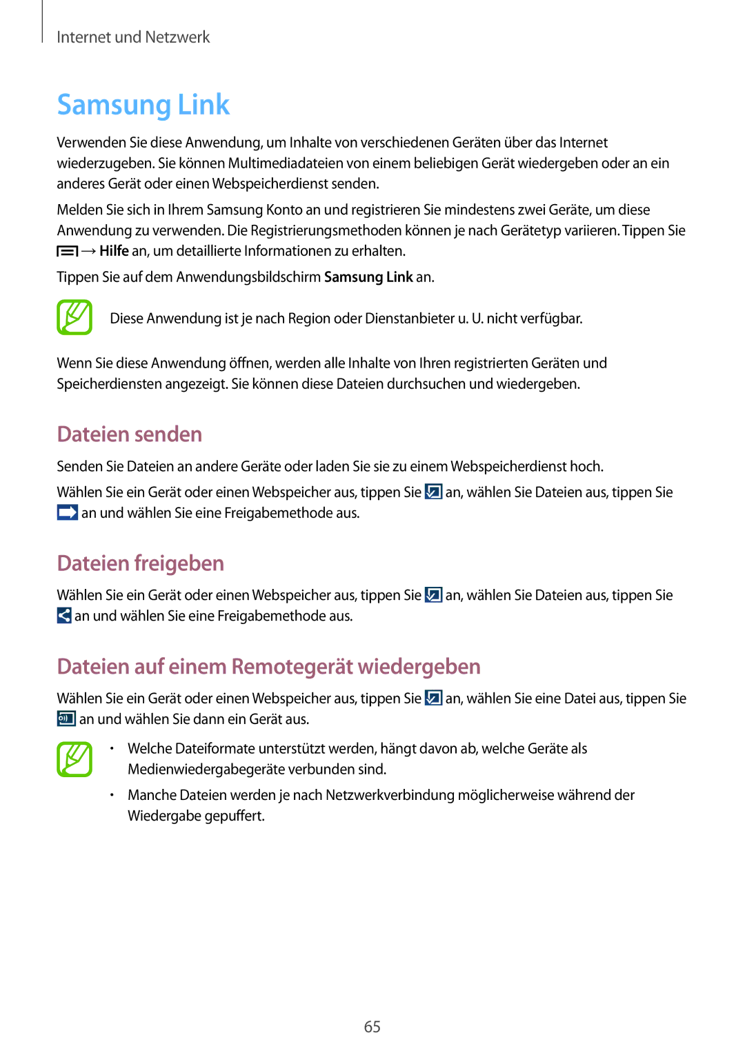 Samsung GT-I9205ZKAVD2 manual Samsung Link, Dateien senden, Dateien freigeben, Dateien auf einem Remotegerät wiedergeben 