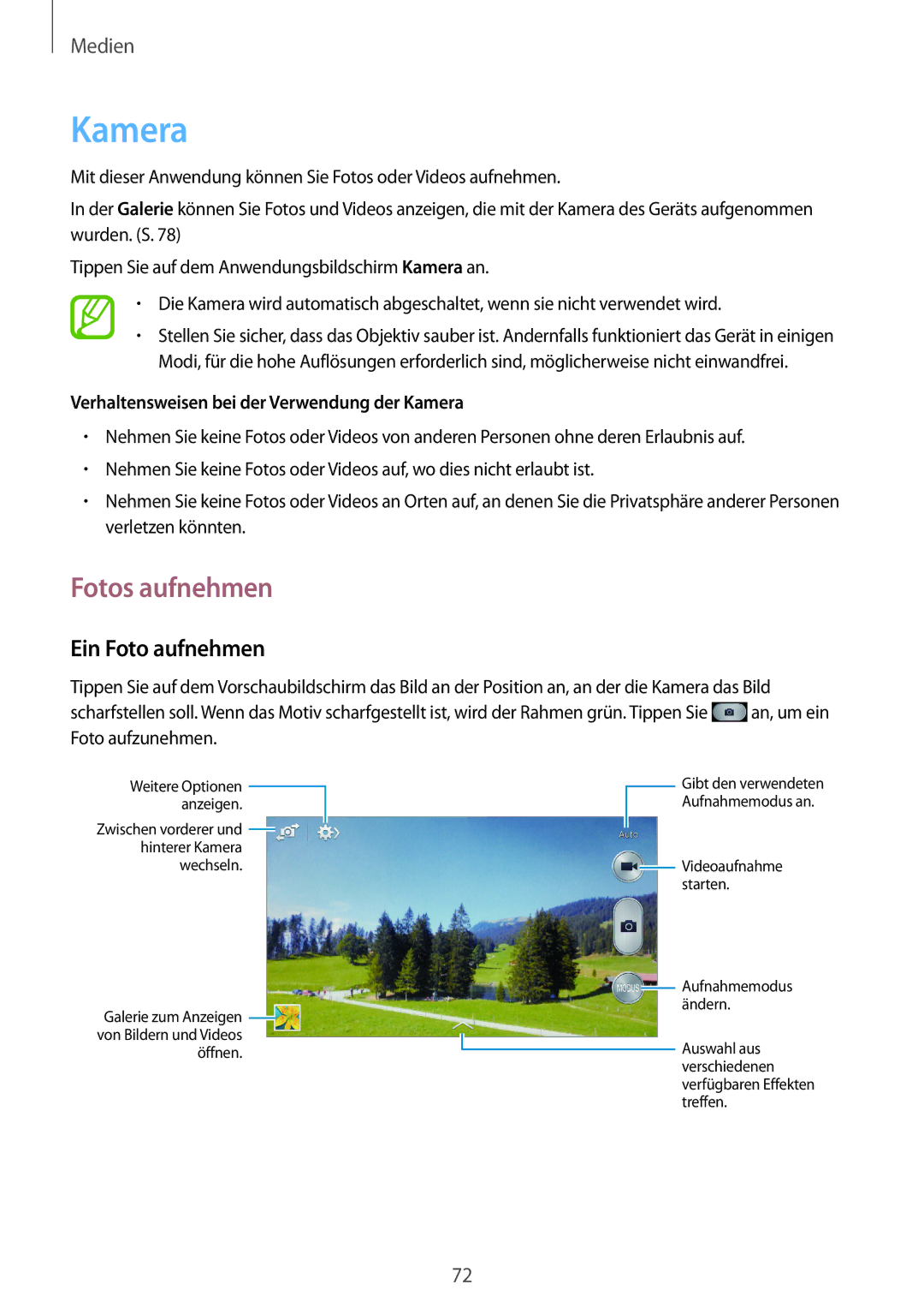 Samsung GT-I9205ZKAVD2 manual Fotos aufnehmen, Ein Foto aufnehmen, Verhaltensweisen bei der Verwendung der Kamera 
