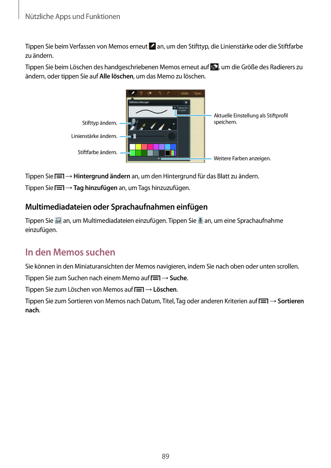 Samsung GT-I9205ZWADBT, GT-I9205ZKATPH manual Den Memos suchen, Multimediadateien oder Sprachaufnahmen einfügen, Nach 