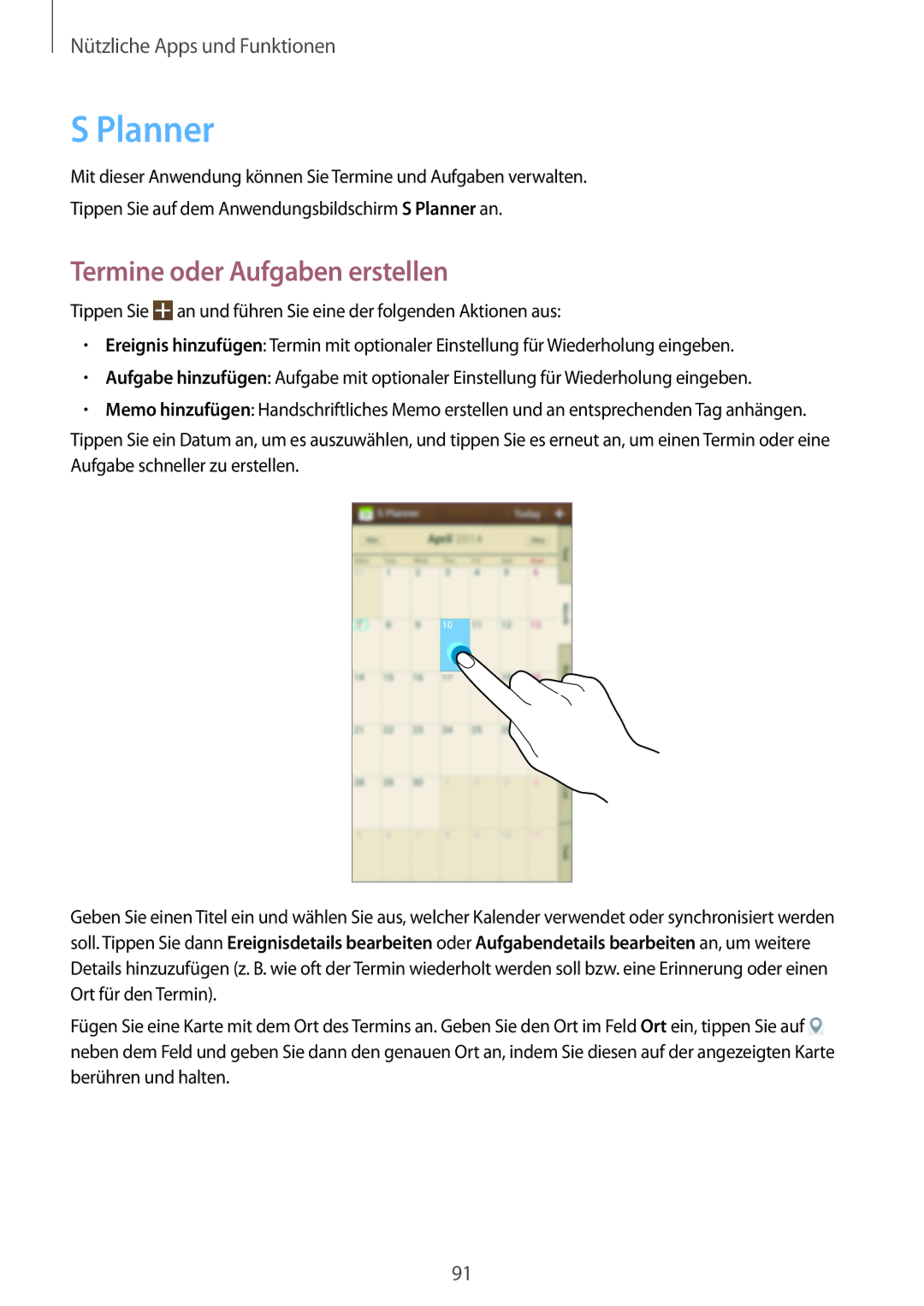 Samsung GT-I9205ZKATPH, GT-I9205ZKAEPL, GT-I9205ZKAVD2, GT-I9205ZKADTM manual Planner, Termine oder Aufgaben erstellen 