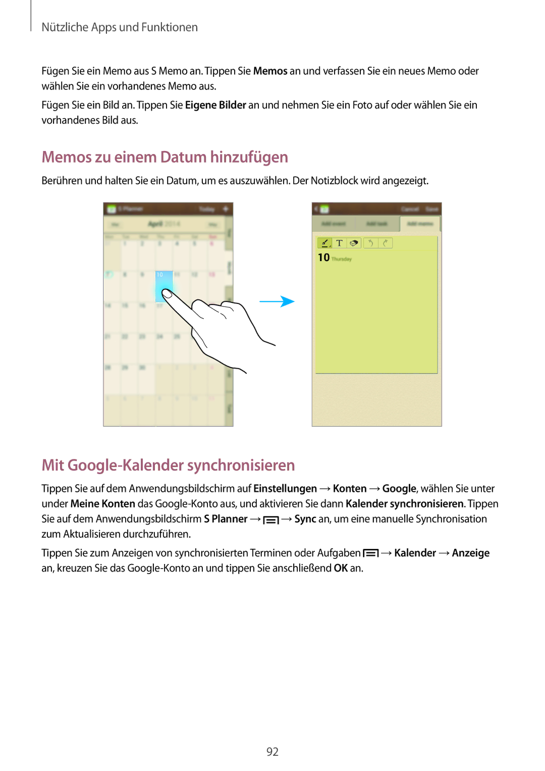 Samsung GT-I9205ZKAEPL, GT-I9205ZKATPH, GT-I9205ZKAVD2 Memos zu einem Datum hinzufügen, Mit Google-Kalender synchronisieren 