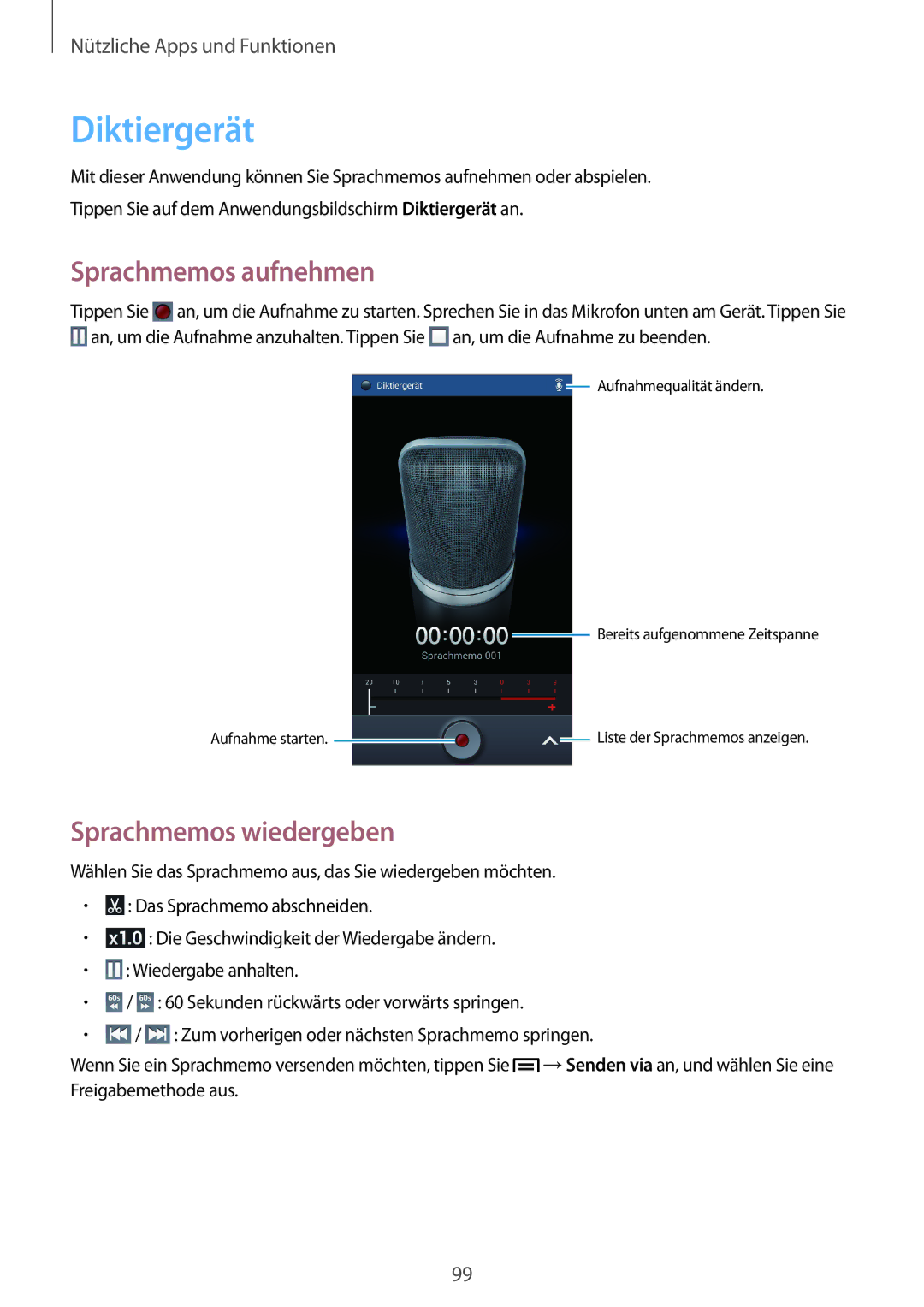 Samsung GT-I9205ZKAEPL, GT-I9205ZKATPH, GT-I9205ZKAVD2 manual Diktiergerät, Sprachmemos aufnehmen, Sprachmemos wiedergeben 