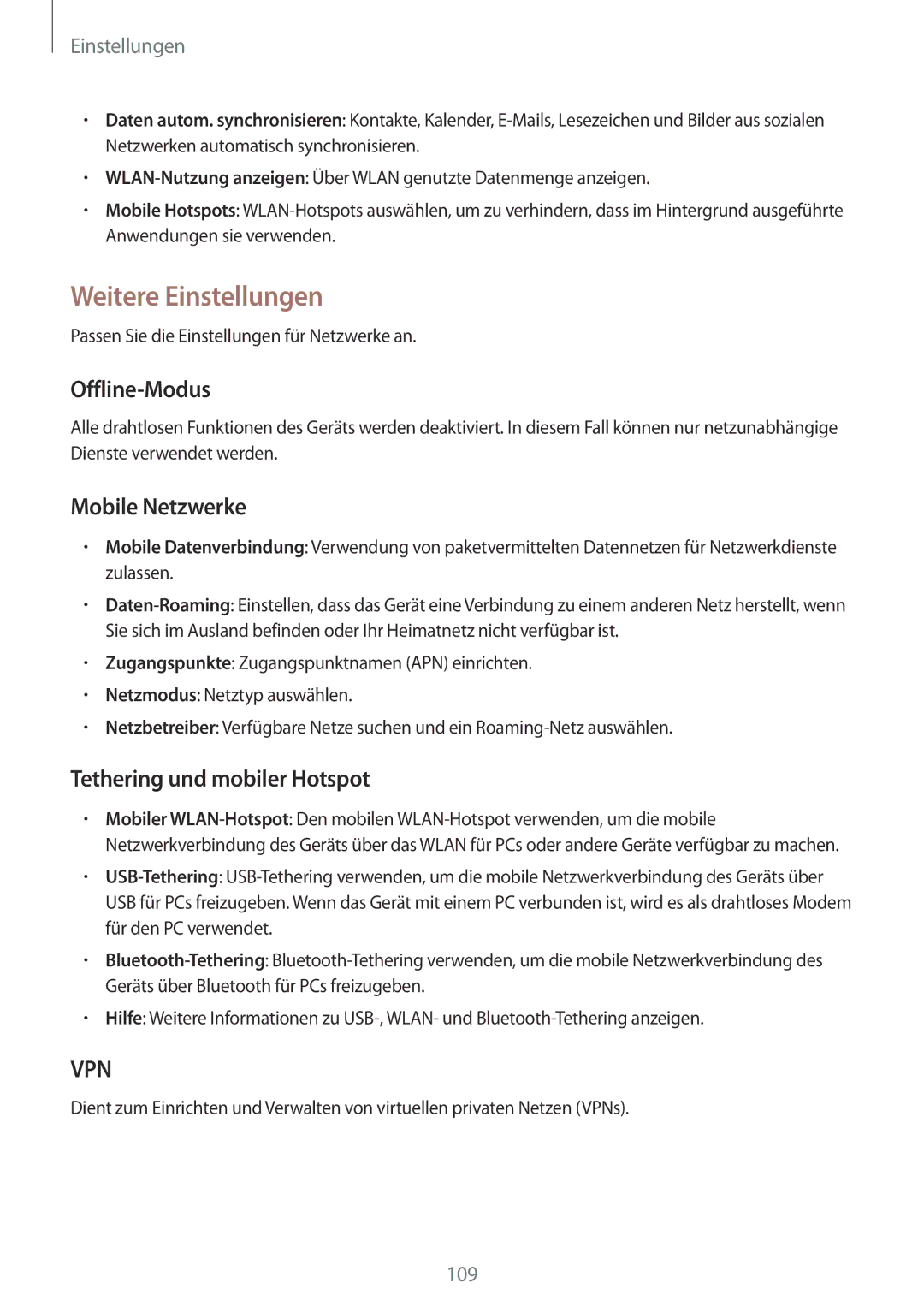 Samsung GT-I9205ZKADBT manual Weitere Einstellungen, Offline-Modus, Mobile Netzwerke, Tethering und mobiler Hotspot 