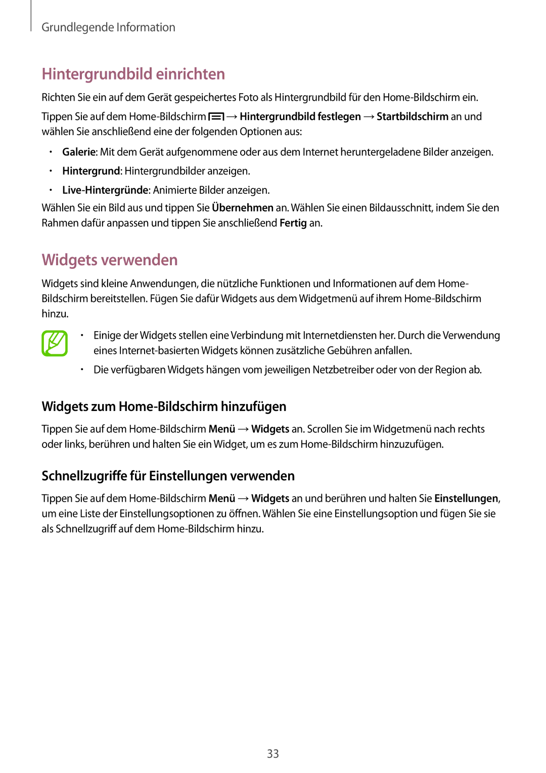 Samsung GT-I9205ZWADBT manual Hintergrundbild einrichten, Widgets verwenden, Widgets zum Home-Bildschirm hinzufügen 