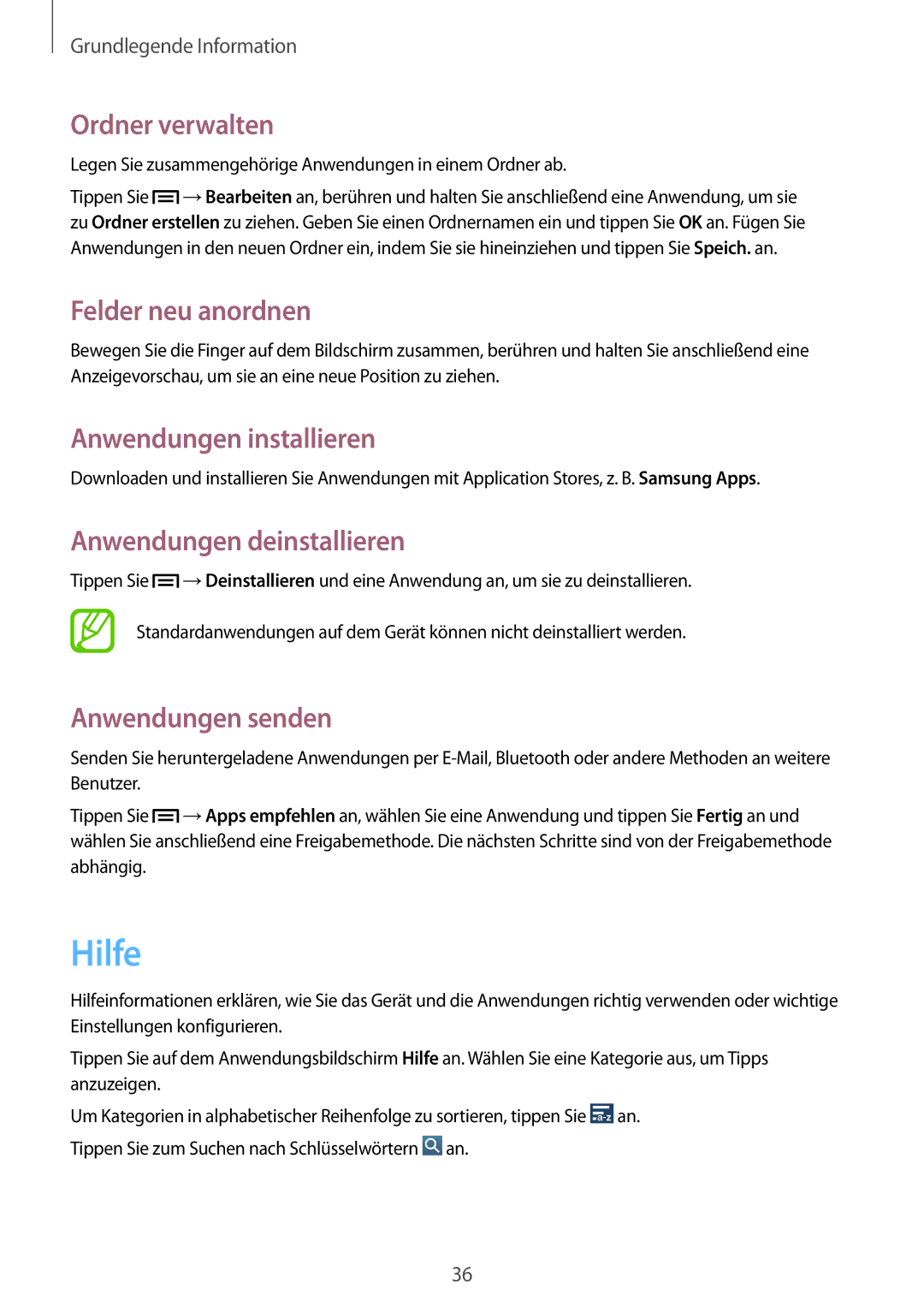 Samsung GT-I9205ZKAEPL Hilfe, Ordner verwalten, Anwendungen installieren, Anwendungen deinstallieren, Anwendungen senden 