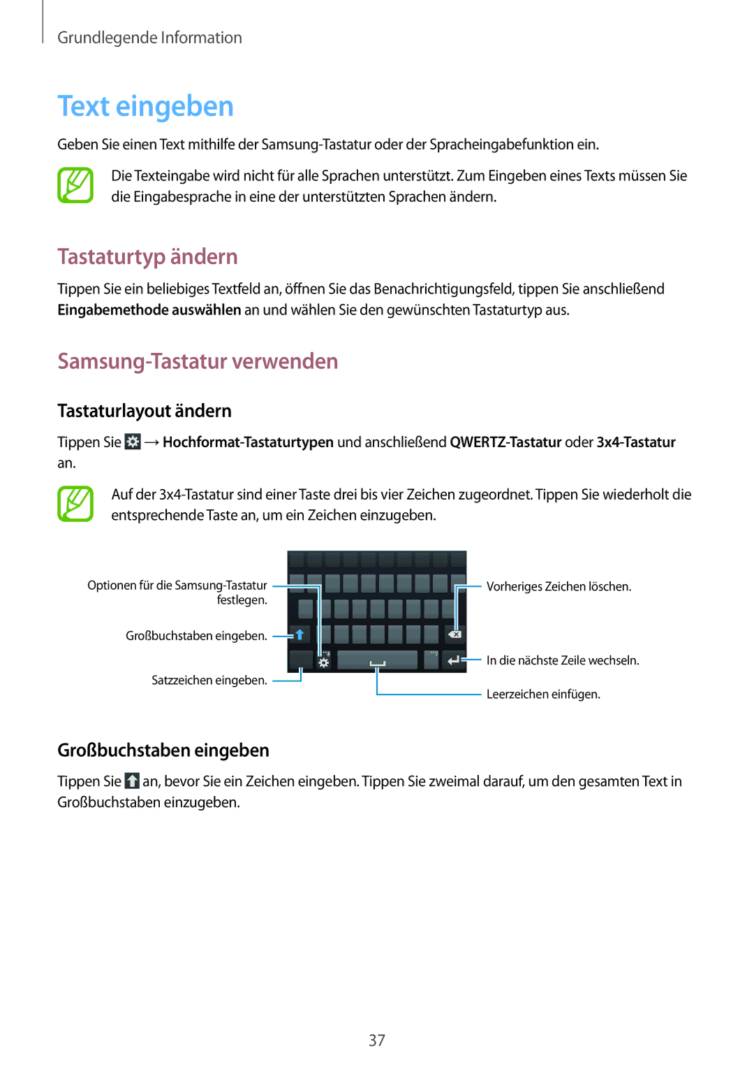 Samsung GT-I9205ZKAVD2 manual Text eingeben, Tastaturtyp ändern, Samsung-Tastatur verwenden, Tastaturlayout ändern 