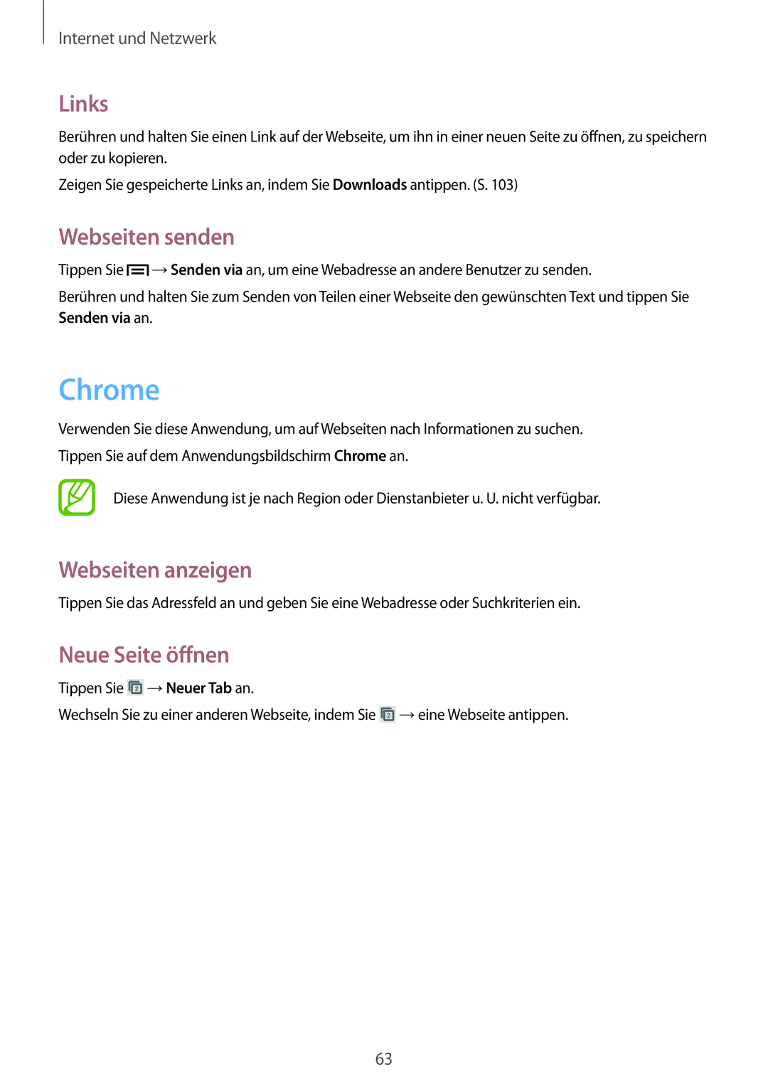 Samsung GT-I9205ZKATPH, GT-I9205ZKAEPL, GT-I9205ZKAVD2, GT-I9205ZKADTM, GT-I9205ZKADBT manual Chrome, Links, Webseiten senden 