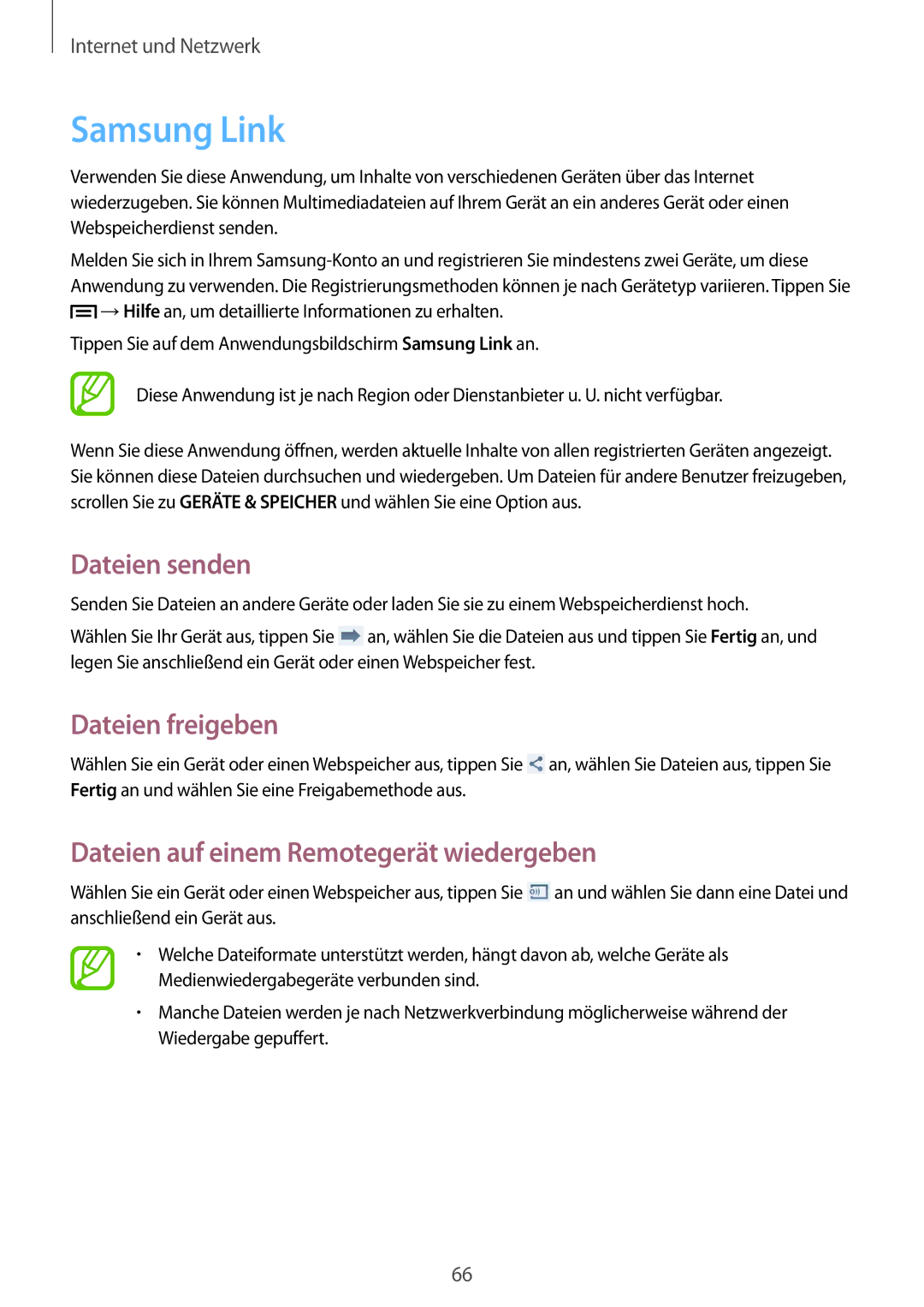 Samsung GT-I9205ZKADTM manual Samsung Link, Dateien senden, Dateien freigeben, Dateien auf einem Remotegerät wiedergeben 