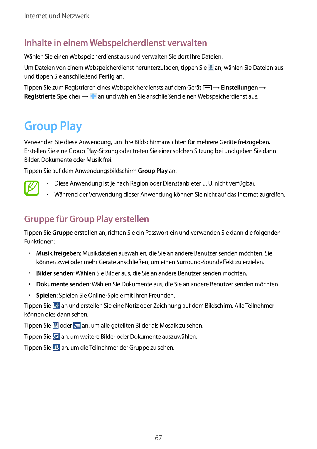 Samsung GT-I9205ZKADBT, GT-I9205ZKATPH Inhalte in einem Webspeicherdienst verwalten, Gruppe für Group Play erstellen 