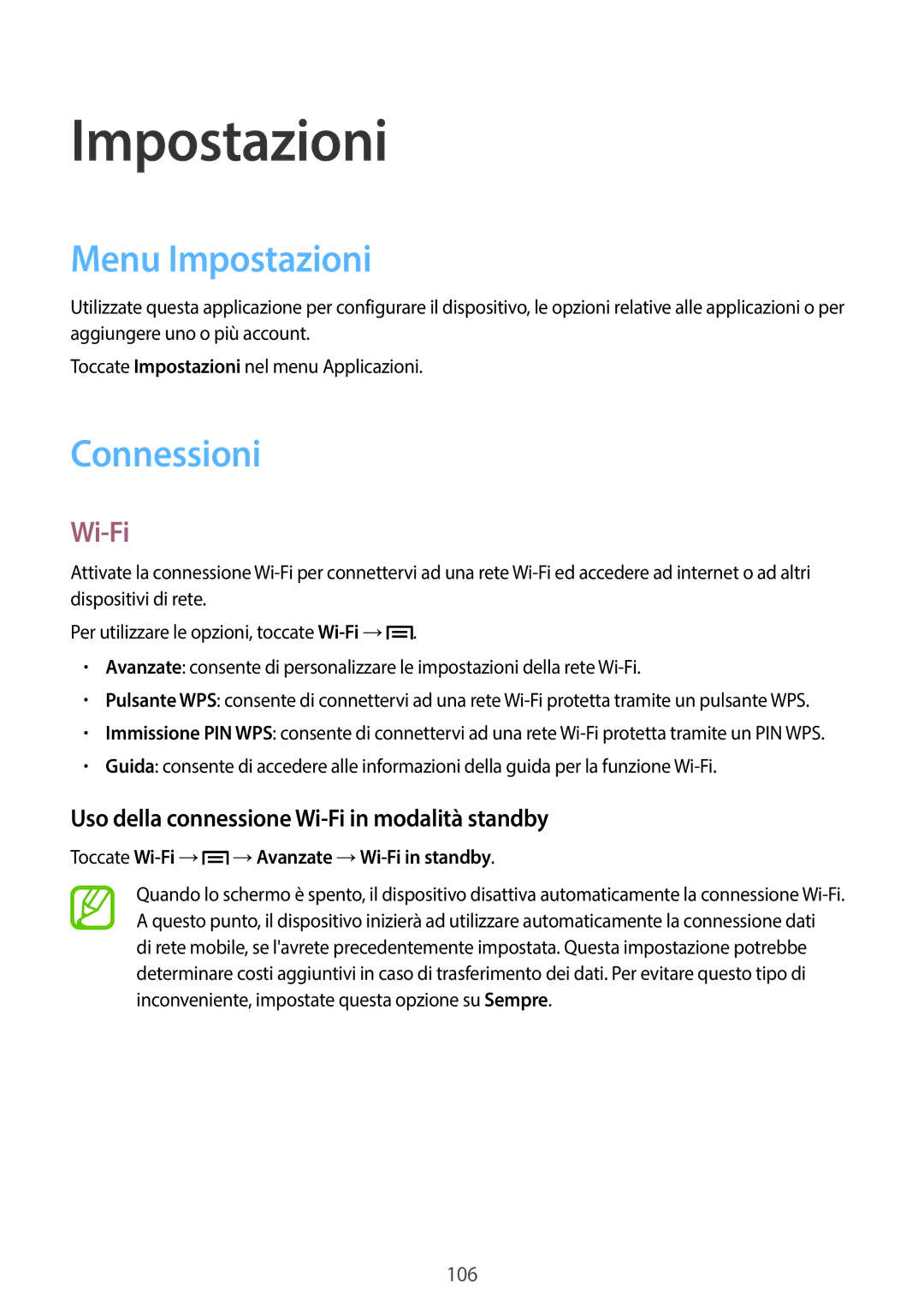 Samsung GT-I9205ZWAITV manual Menu Impostazioni, Connessioni, Uso della connessione Wi-Fi in modalità standby 