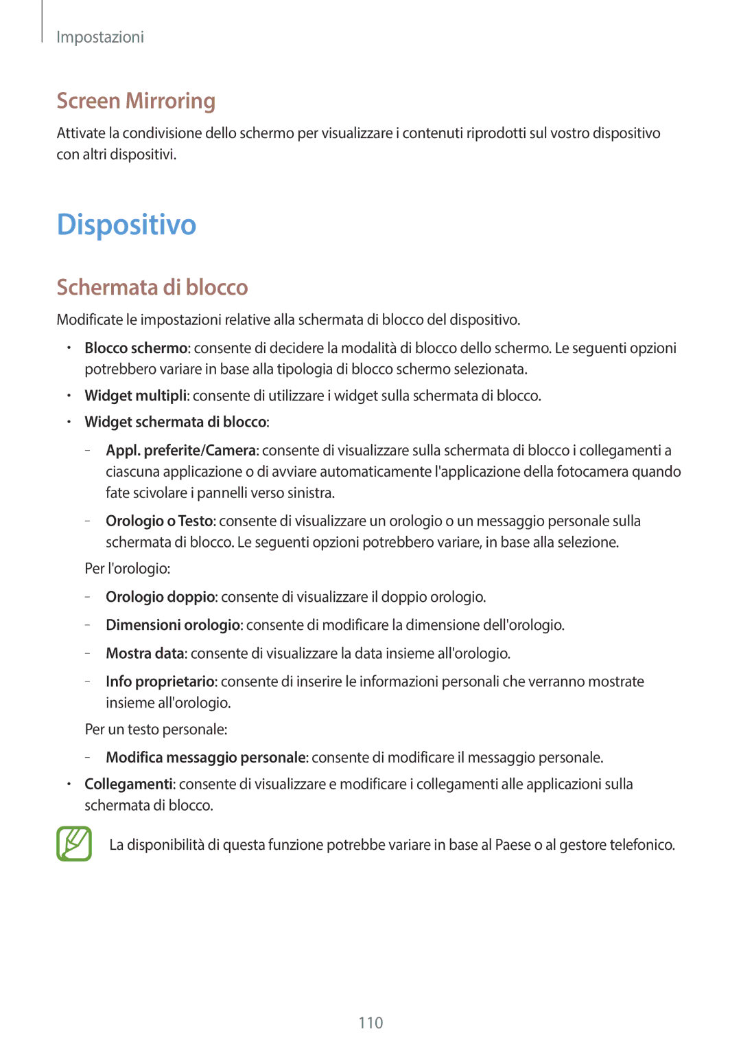 Samsung GT-I9205ZWAITV, GT-I9205ZKAXEF manual Dispositivo, Screen Mirroring, Schermata di blocco, Widget schermata di blocco 