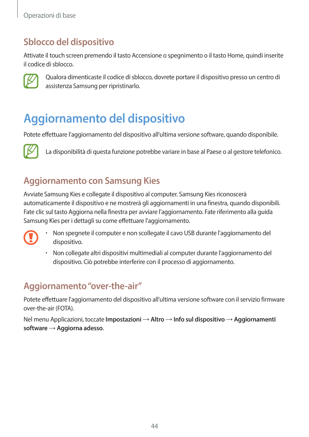 Samsung GT-I9205ZKAXEF manual Aggiornamento del dispositivo, Sblocco del dispositivo, Aggiornamento con Samsung Kies 