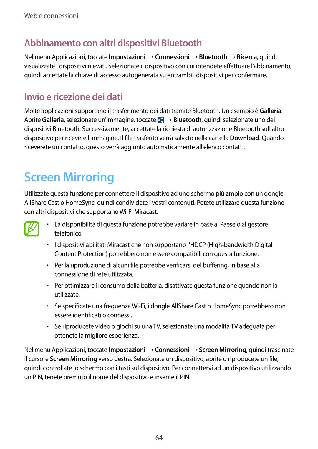 Samsung GT-I9205ZKAXEF manual Screen Mirroring, Abbinamento con altri dispositivi Bluetooth, Invio e ricezione dei dati 