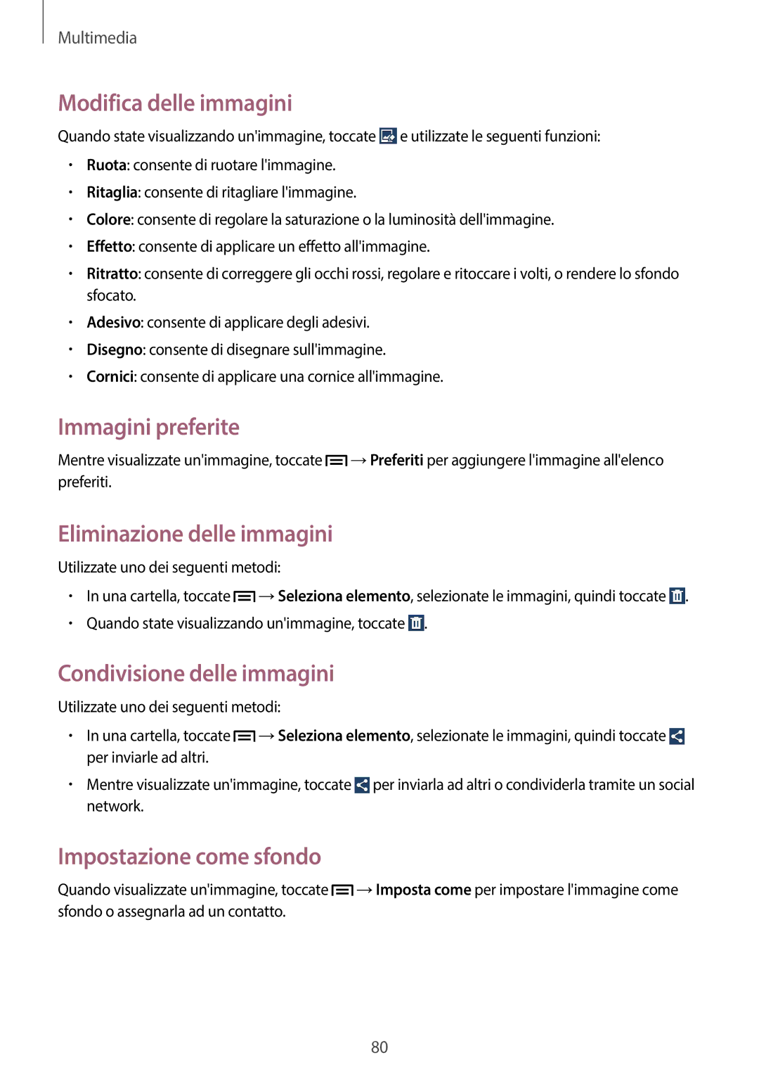 Samsung GT-I9205ZKAXEF, GT-I9205ZKAHUI manual Immagini preferite, Eliminazione delle immagini, Condivisione delle immagini 