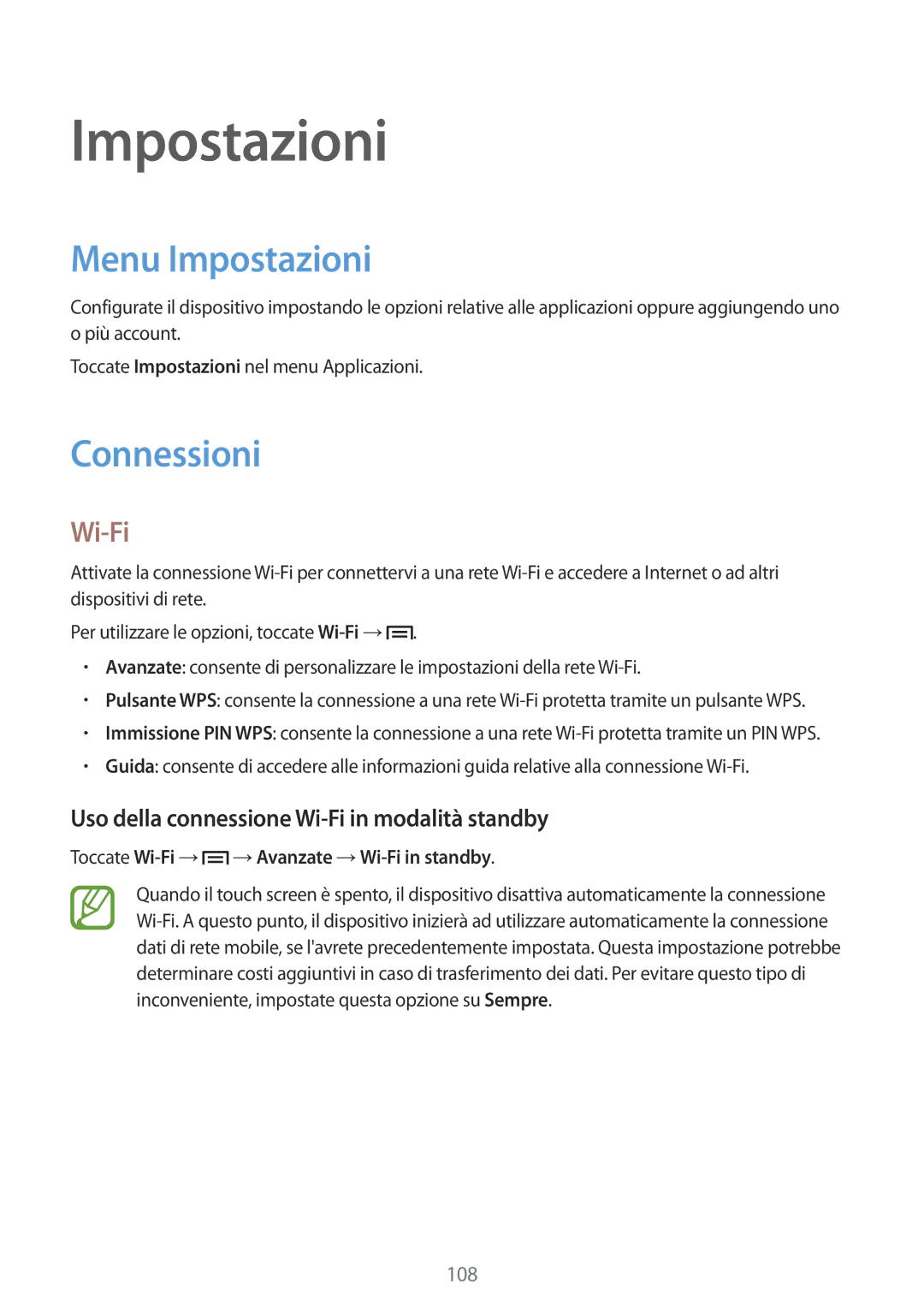 Samsung GT-I9205ZKAXEF manual Menu Impostazioni, Connessioni, Uso della connessione Wi-Fi in modalità standby 