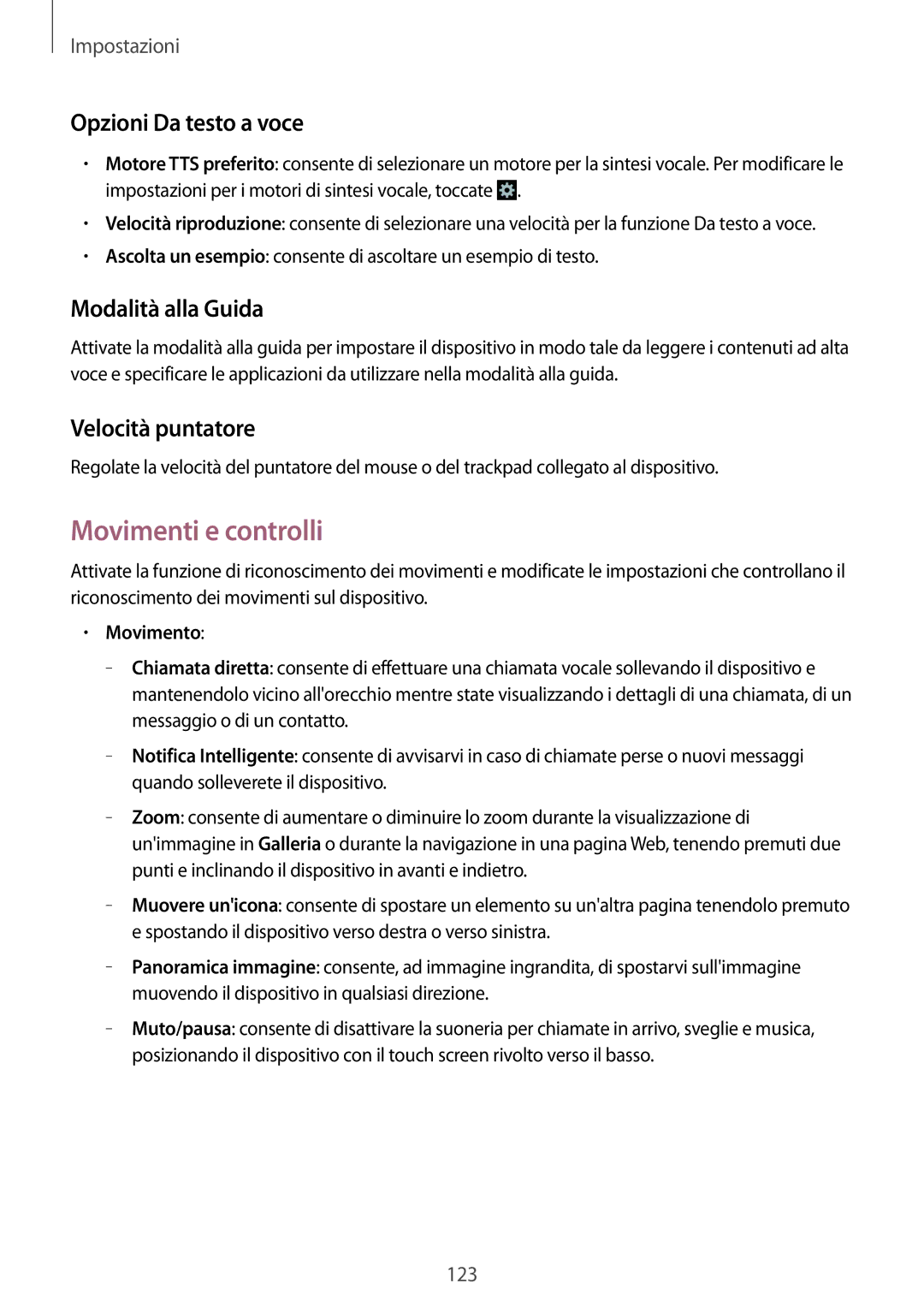 Samsung GT-I9205ZKAITV Movimenti e controlli, Opzioni Da testo a voce, Modalità alla Guida, Velocità puntatore, Movimento 