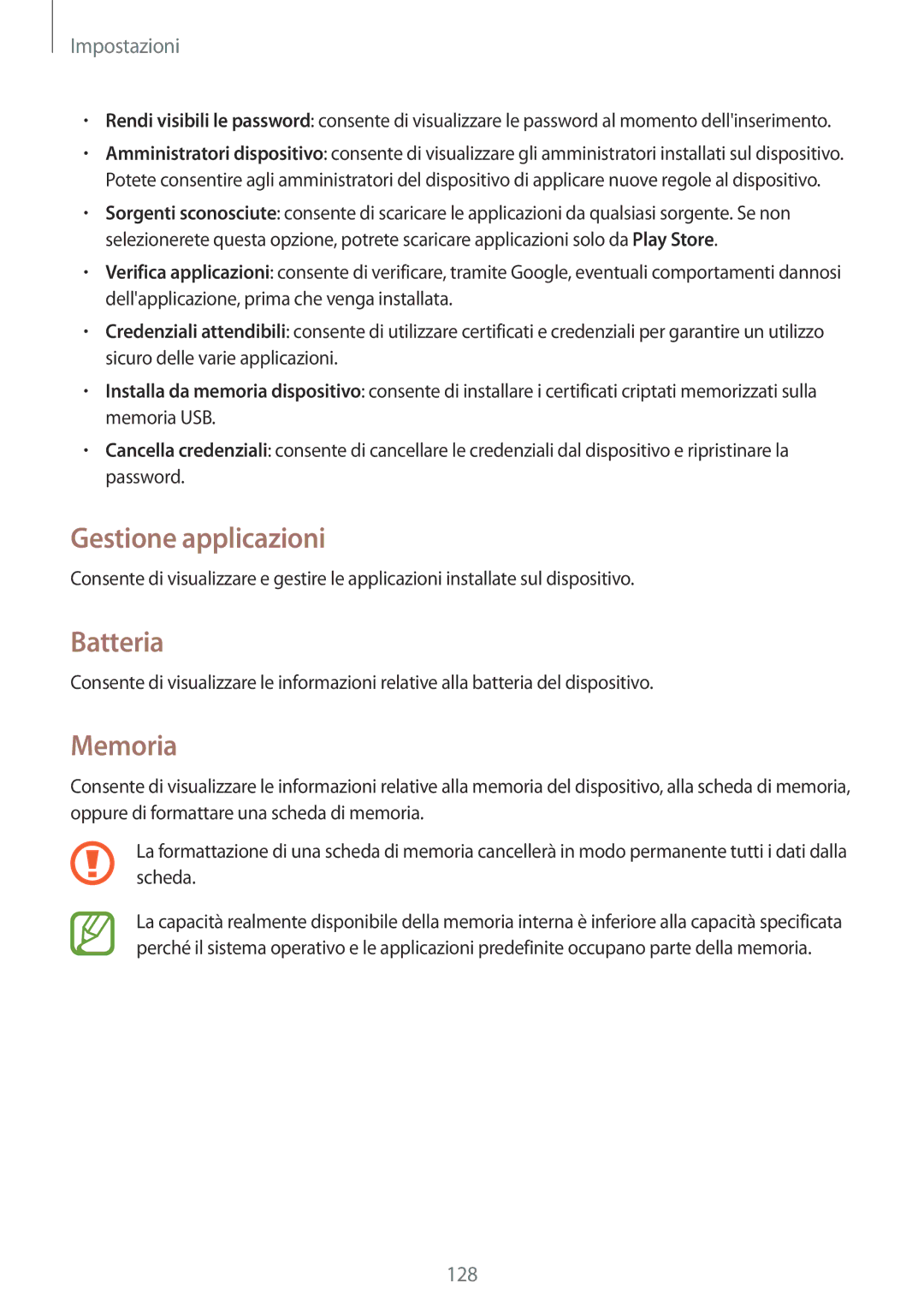 Samsung GT-I9205ZKAXEF, GT-I9205ZKAHUI, GT-I9205ZWAITV, GT-I9205ZKAITV manual Gestione applicazioni, Batteria, Memoria 