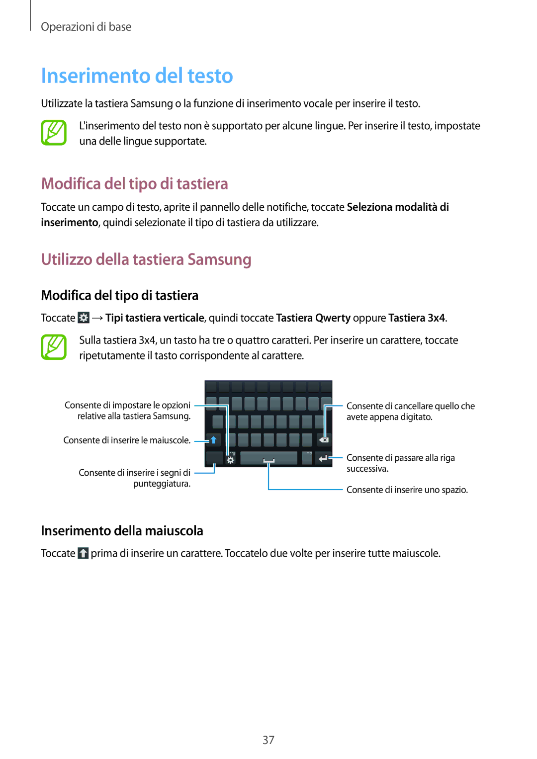 Samsung GT-I9205ZKAHUI manual Inserimento del testo, Modifica del tipo di tastiera, Utilizzo della tastiera Samsung 