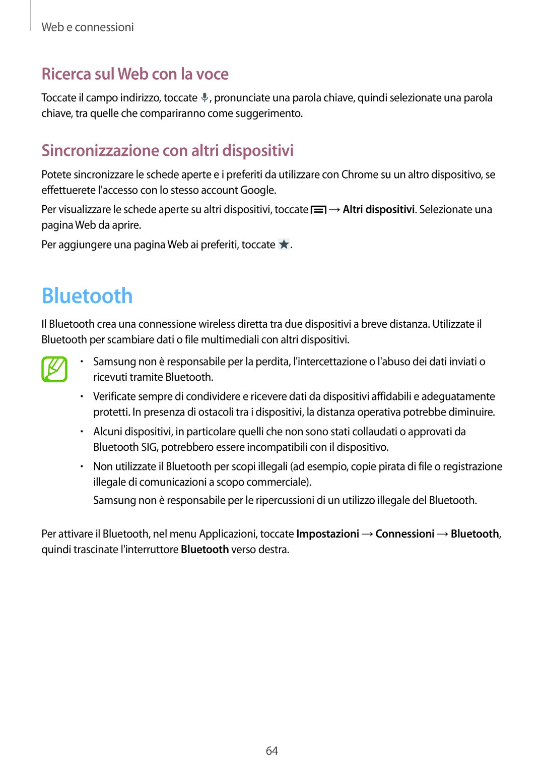 Samsung GT-I9205ZKAXEF, GT-I9205ZKAHUI manual Bluetooth, Ricerca sul Web con la voce, Sincronizzazione con altri dispositivi 