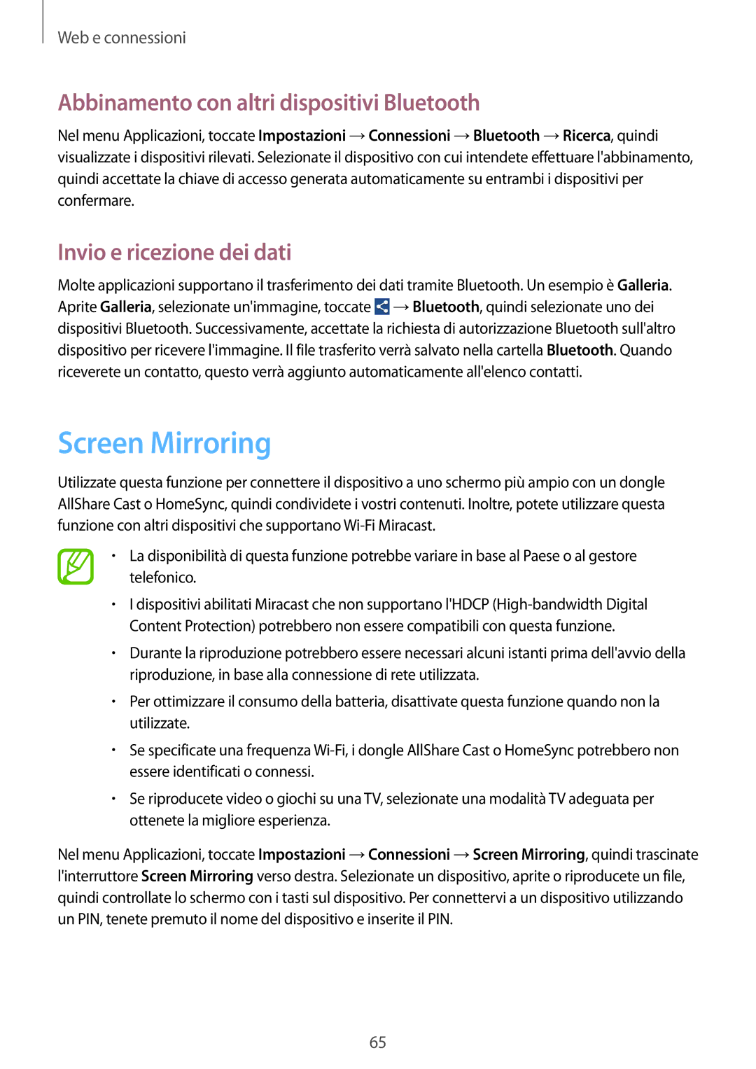 Samsung GT-I9205ZKAHUI manual Screen Mirroring, Abbinamento con altri dispositivi Bluetooth, Invio e ricezione dei dati 