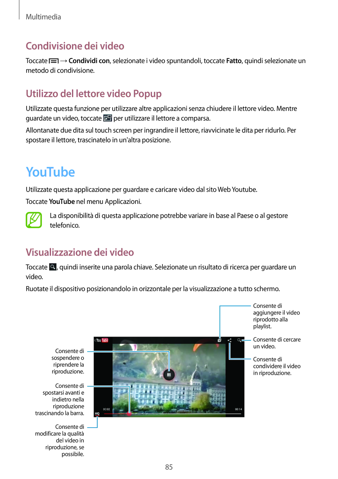 Samsung GT-I9205ZKAHUI manual YouTube, Condivisione dei video, Utilizzo del lettore video Popup, Visualizzazione dei video 