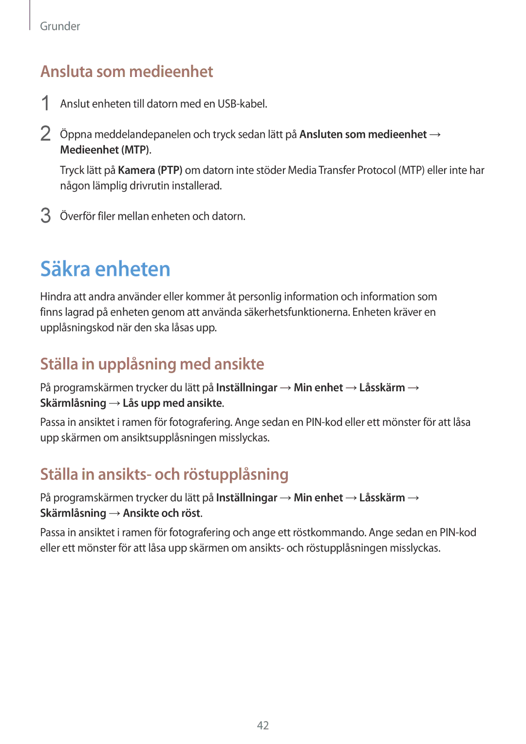 Samsung GT-I9205ZWANEE manual Säkra enheten, Ansluta som medieenhet, Ställa in upplåsning med ansikte, Medieenhet MTP 