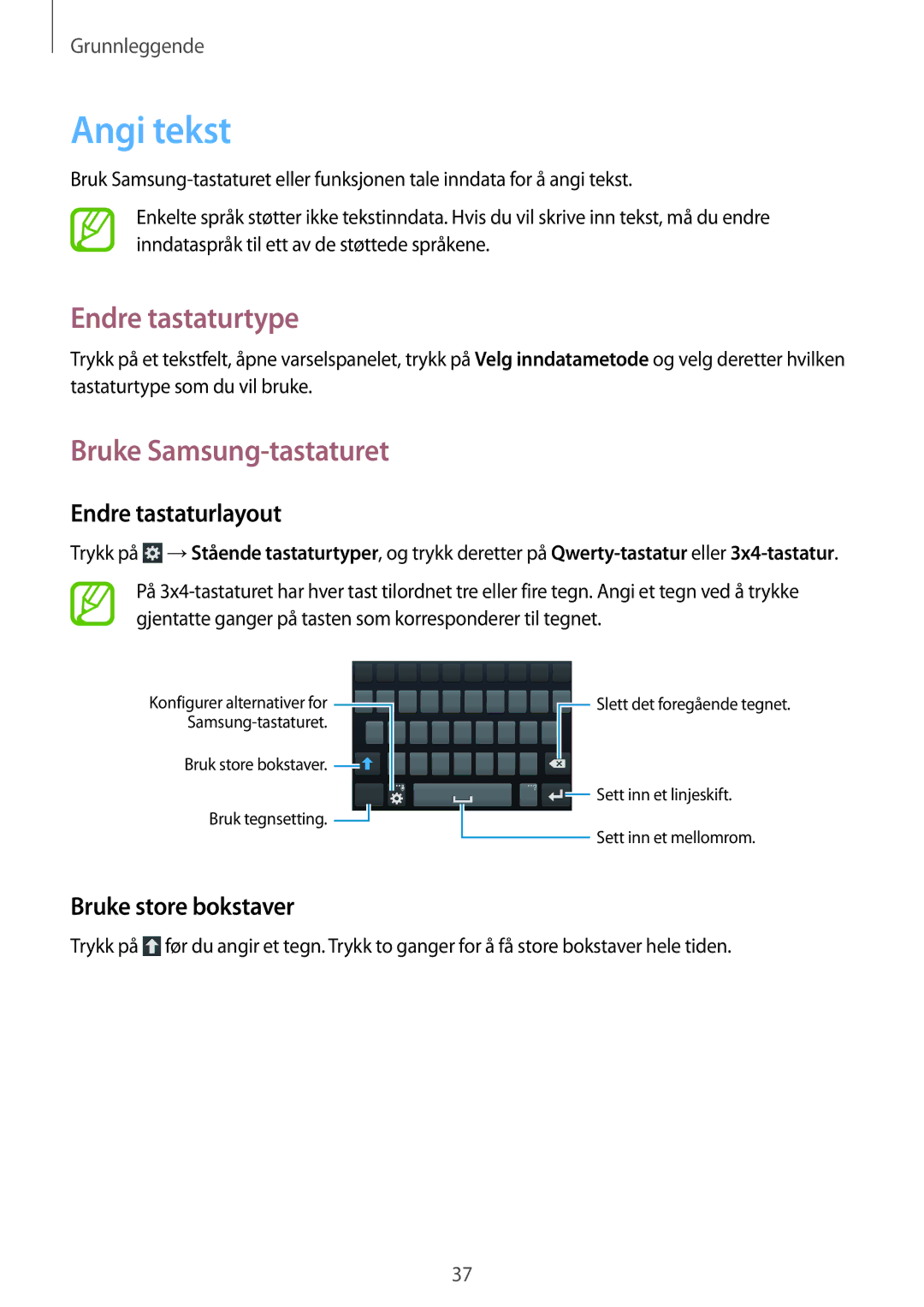 Samsung GT-I9205ZKANEE, GT-I9205ZWANEE manual Angi tekst, Endre tastaturtype, Bruke Samsung-tastaturet, Endre tastaturlayout 