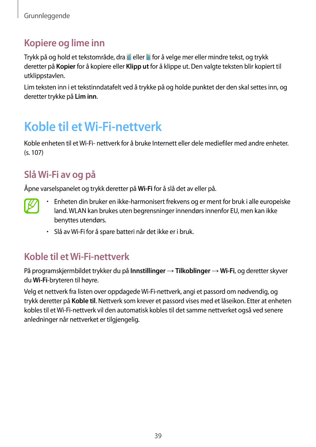 Samsung GT-I9205ZWANEE, GT-I9205ZKANEE, GT-I9205PPANEE Koble til et Wi-Fi-nettverk, Kopiere og lime inn, Slå Wi-Fi av og på 