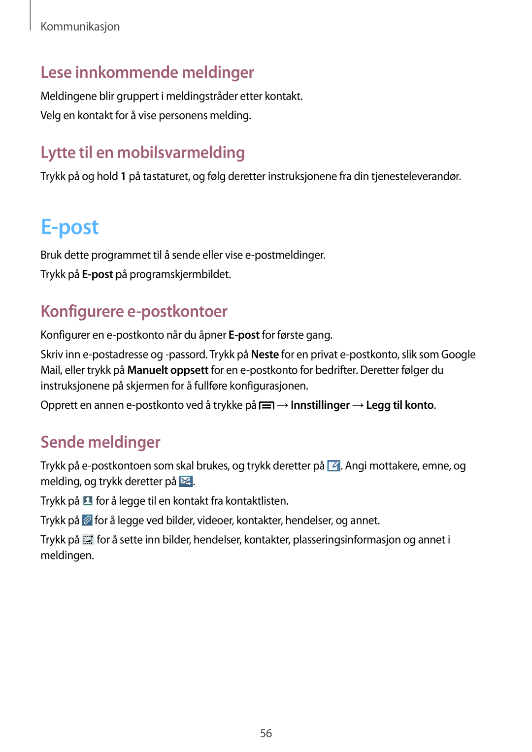 Samsung GT-I9205PPANEE manual Post, Lese innkommende meldinger, Lytte til en mobilsvarmelding, Konfigurere e-postkontoer 