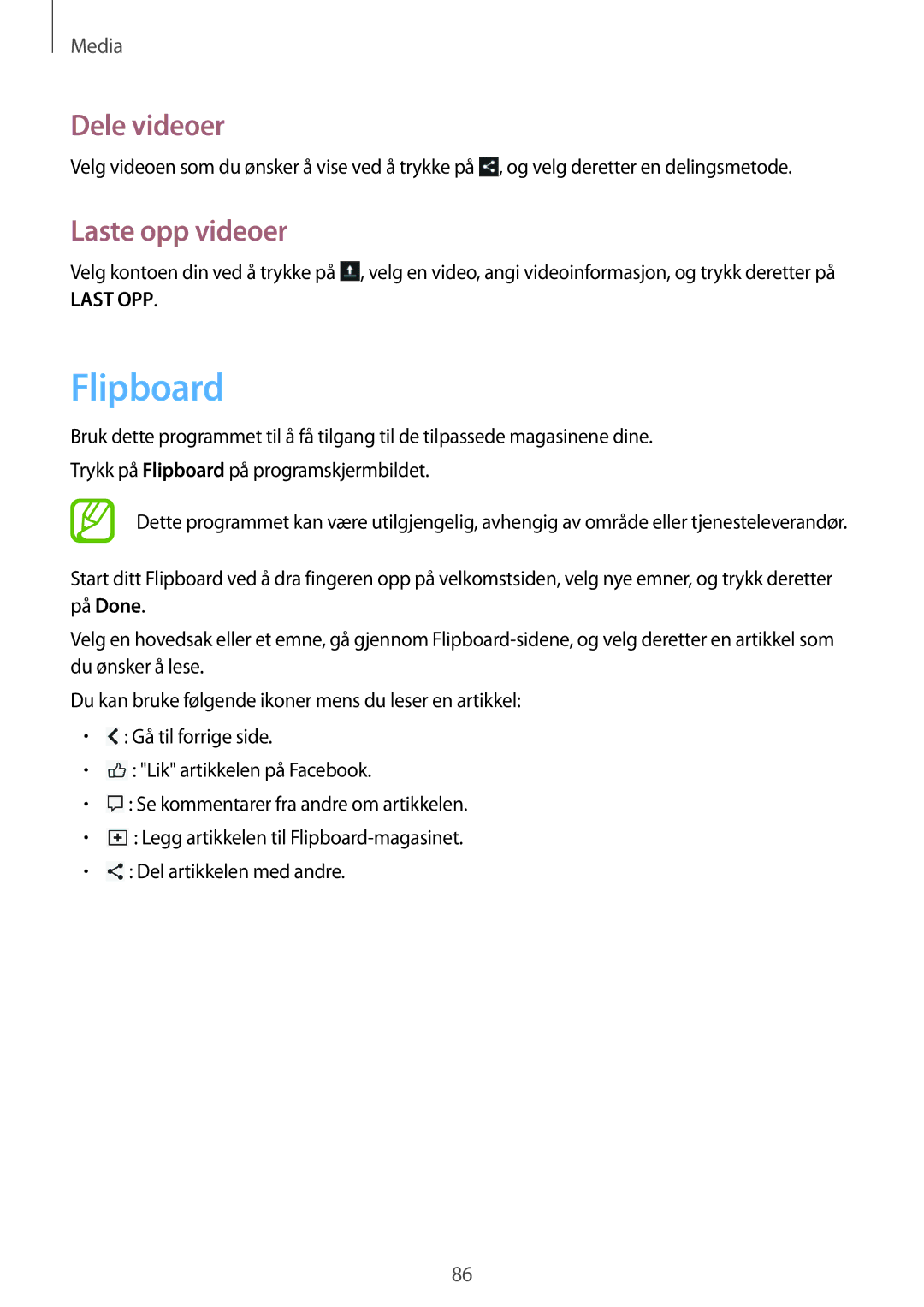 Samsung GT-I9205PPANEE, GT-I9205ZWANEE, GT-I9205ZKANEE manual Flipboard, Laste opp videoer 