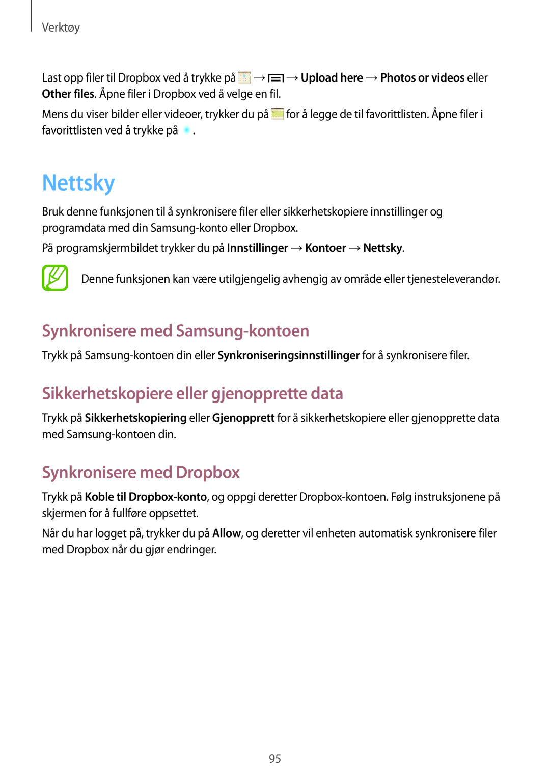 Samsung GT-I9205PPANEE manual Nettsky, Synkronisere med Samsung-kontoen, Sikkerhetskopiere eller gjenopprette data 